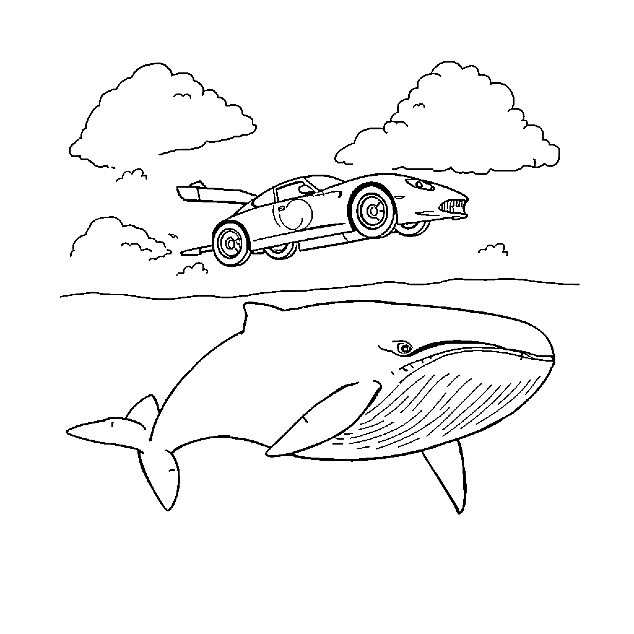 Racecar soaring high above the whale in the sky Coloring Page (free black-and-white line drawing printable PDF for all, from beginners to advanced learners, including children, teens, adults, and seniors)
