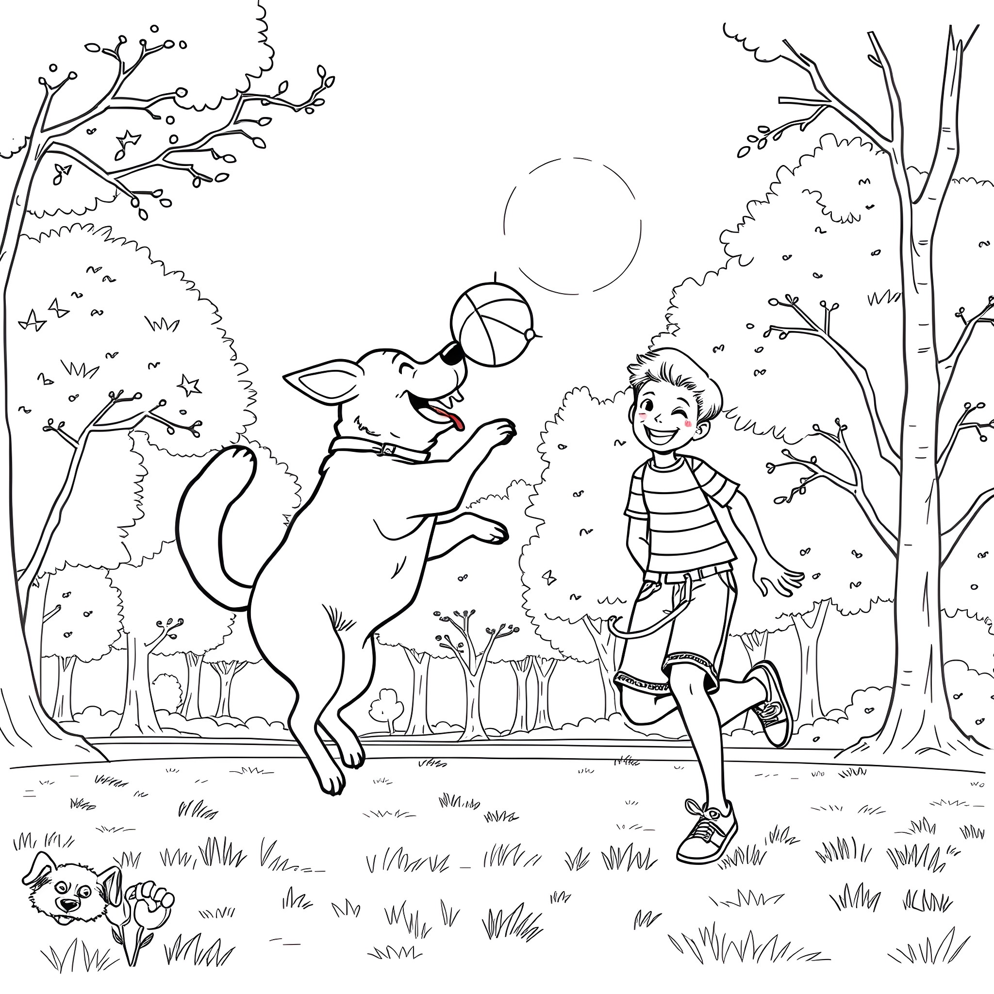 Dog playing happily with child in the park Coloring Page (free black-and-white line drawing printable PDF for all, from beginners to advanced learners, including children, teens, adults, and seniors)