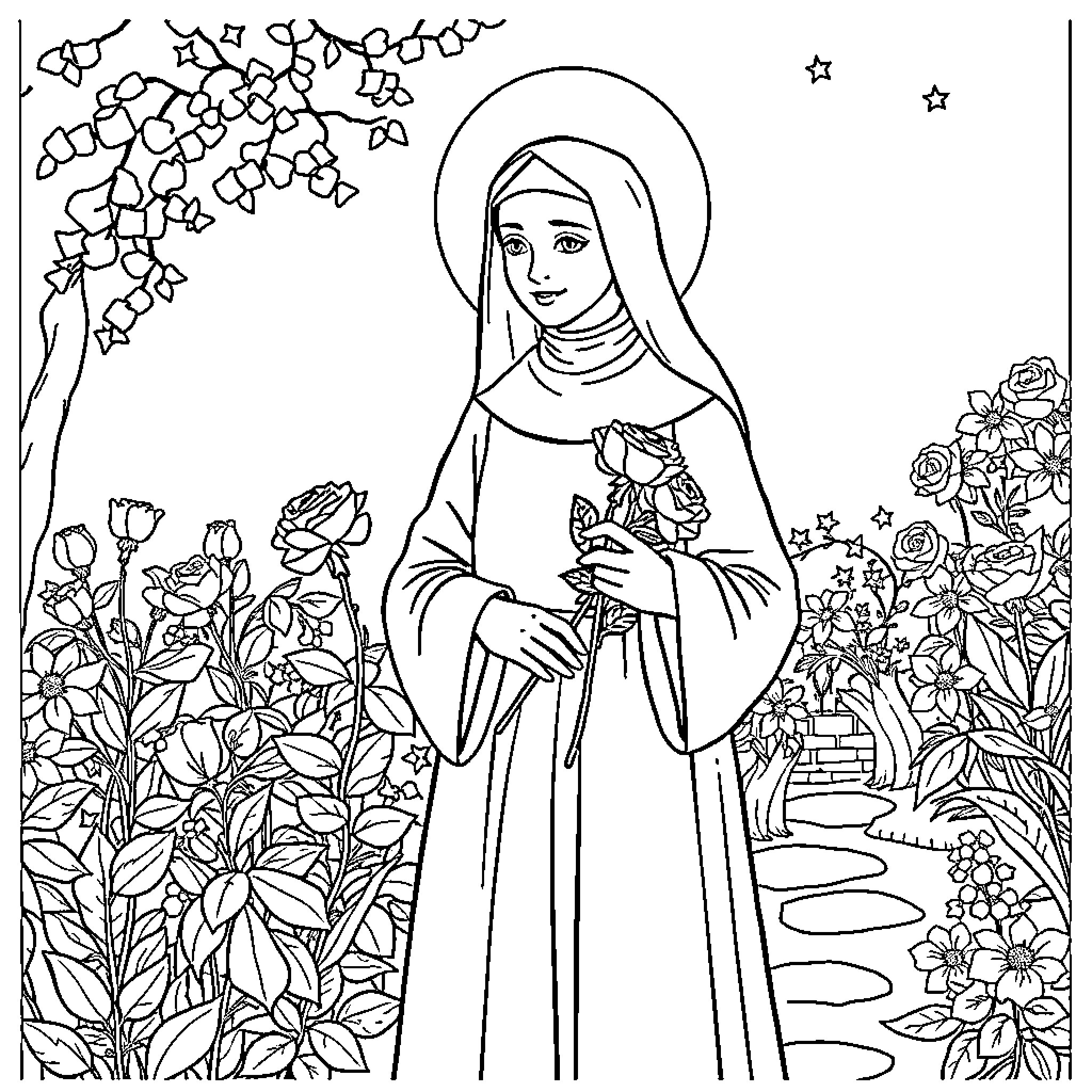 Saint Therese surrounded by flowers in a garden Coloring Page (free black-and-white line drawing printable PDF for all, from beginners to advanced learners, including children, teens, adults, and seniors)
