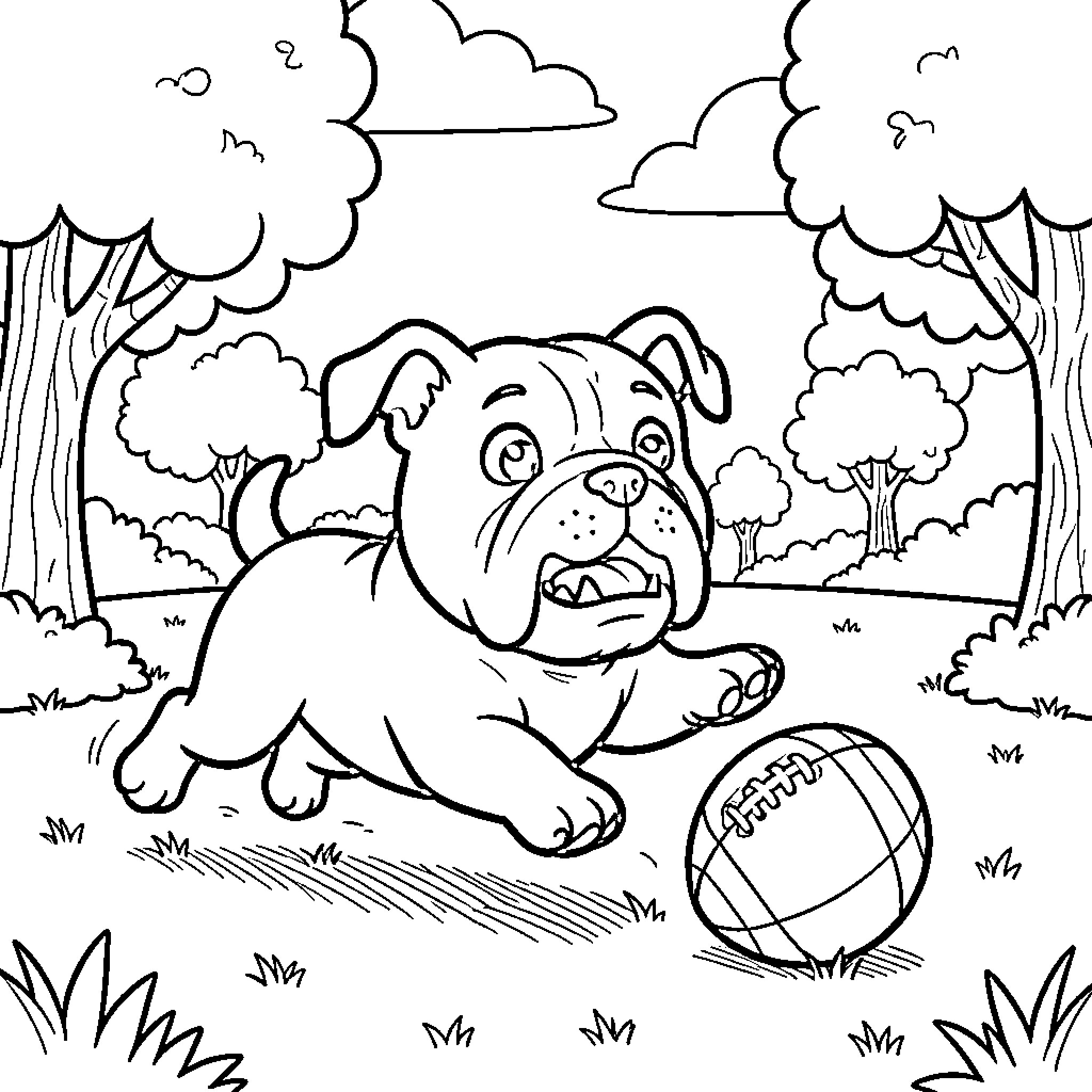 Bulldog playing with a football in a park Coloring Page (free black-and-white line drawing printable PDF for all, from beginners to advanced learners, including children, teens, adults, and seniors)