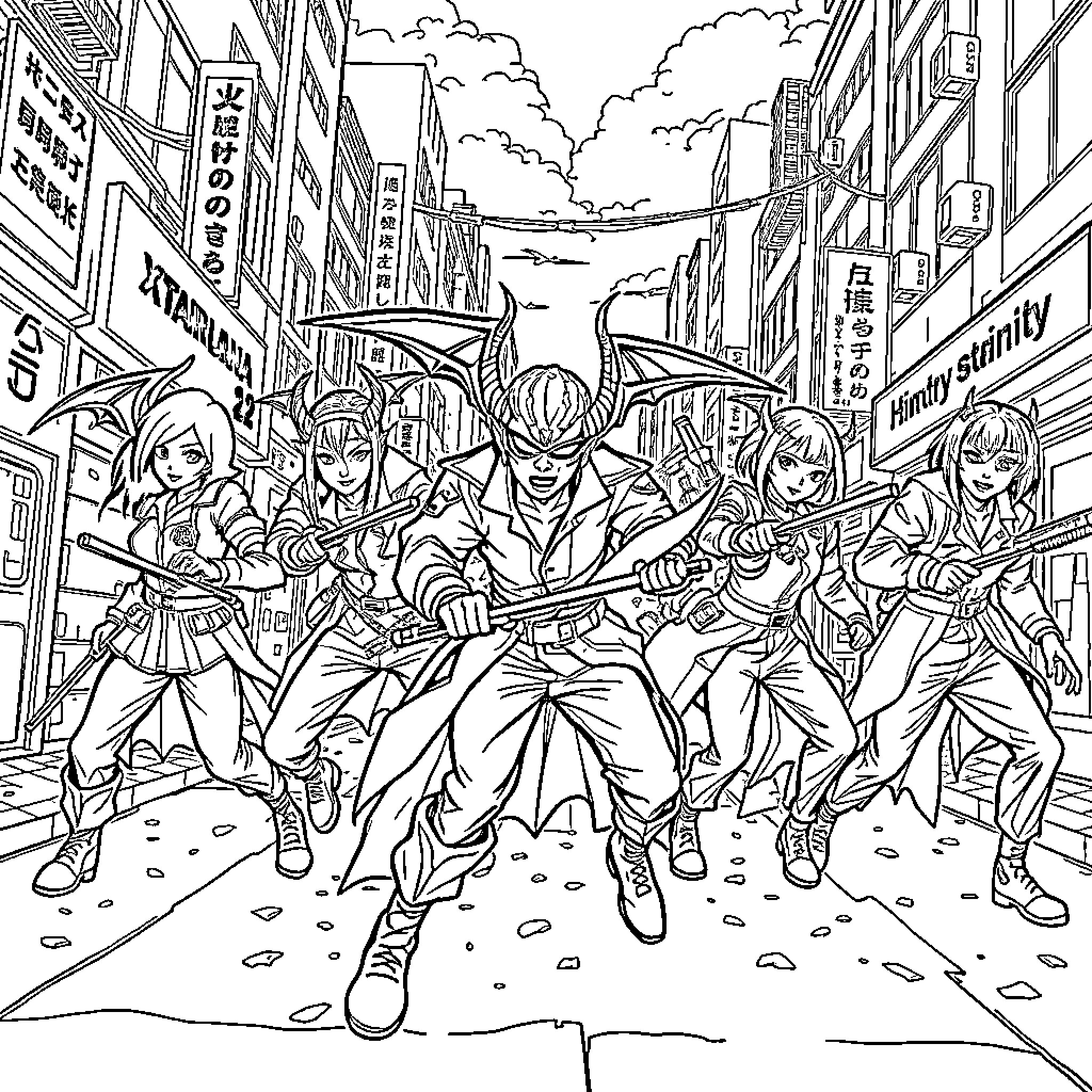 Demon Hunter Squad on the City Streets Coloring Page (free black-and-white line drawing printable PDF for all, from beginners to advanced learners, including children, teens, adults, and seniors)