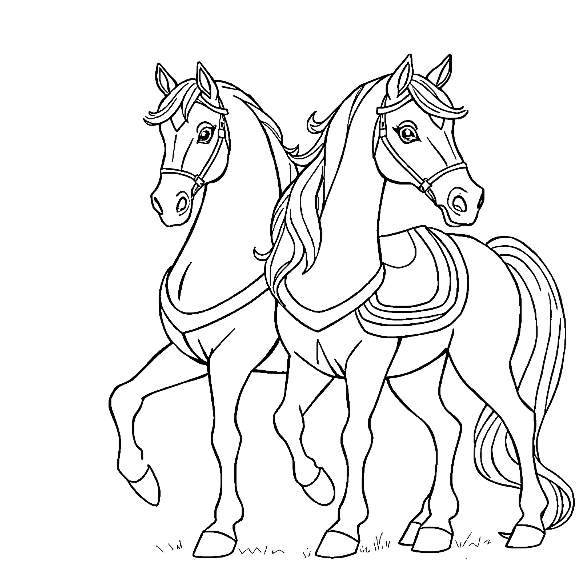 Horse Pair Galloping Playfully Coloring Page (free black-and-white line drawing printable PDF for all, from beginners to advanced learners, including children, teens, adults, and seniors)
