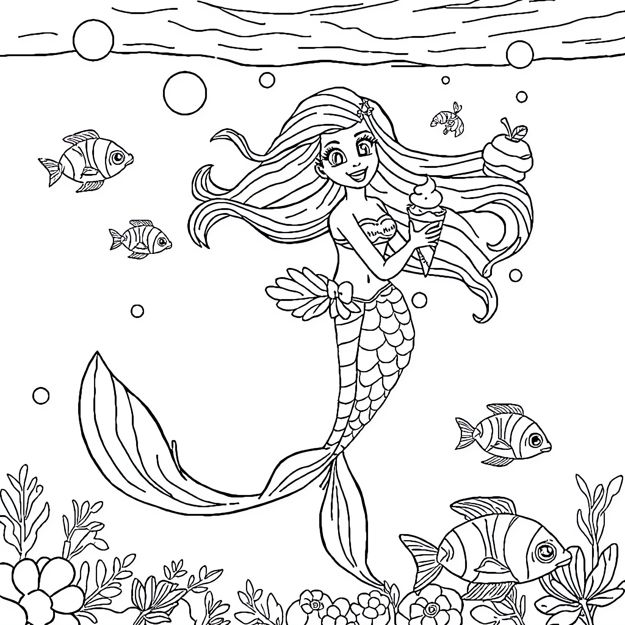 Mermaid swimming playfully with sea creatures Coloring Page (free black-and-white line drawing printable PDF for all, from beginners to advanced learners, including children, teens, adults, and seniors)