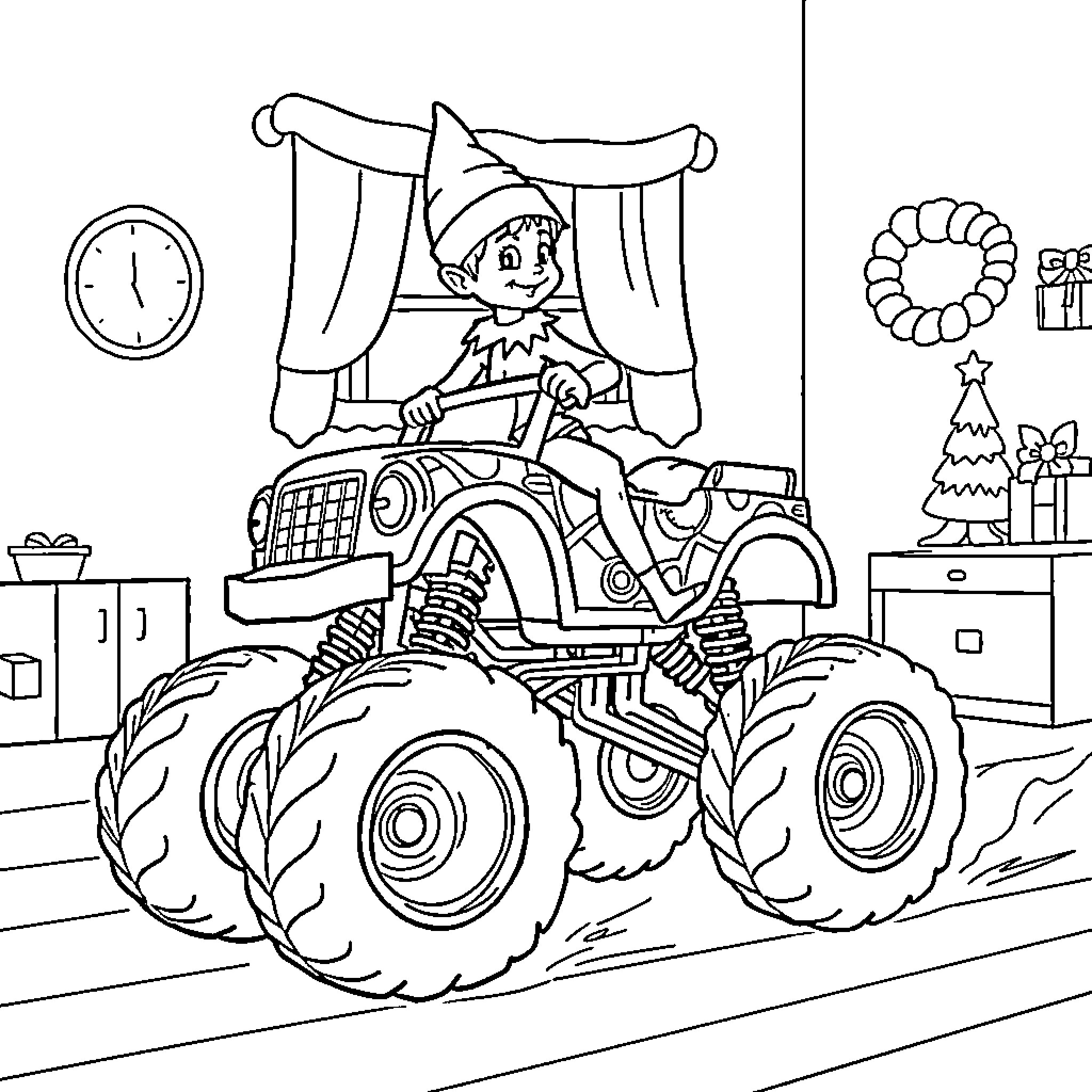 Elf riding a monster truck in a festive room Coloring Page (free black-and-white line drawing printable PDF for all, from beginners to advanced learners, including children, teens, adults, and seniors)