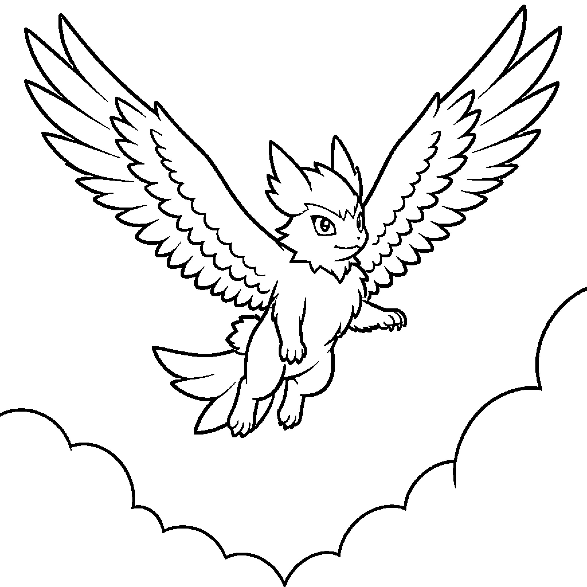Dracaufeu flying majestically through the clouds Coloring Page (free black-and-white line drawing printable PDF for all, from beginners to advanced learners, including children, teens, adults, and seniors)