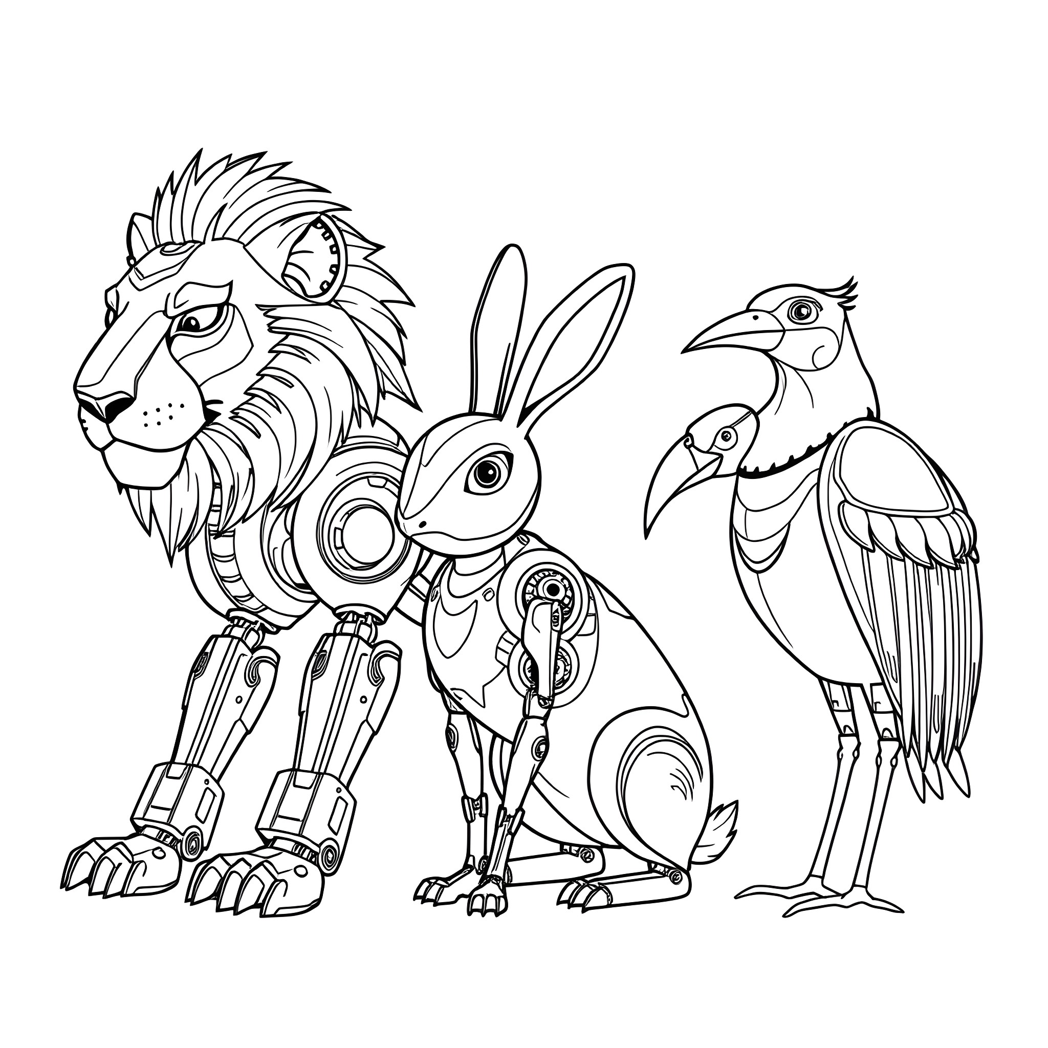Robot animals - lion, rabbit, and bird Coloring Page (free black-and-white line drawing printable PDF for all, from beginners to advanced learners, including children, teens, adults, and seniors)