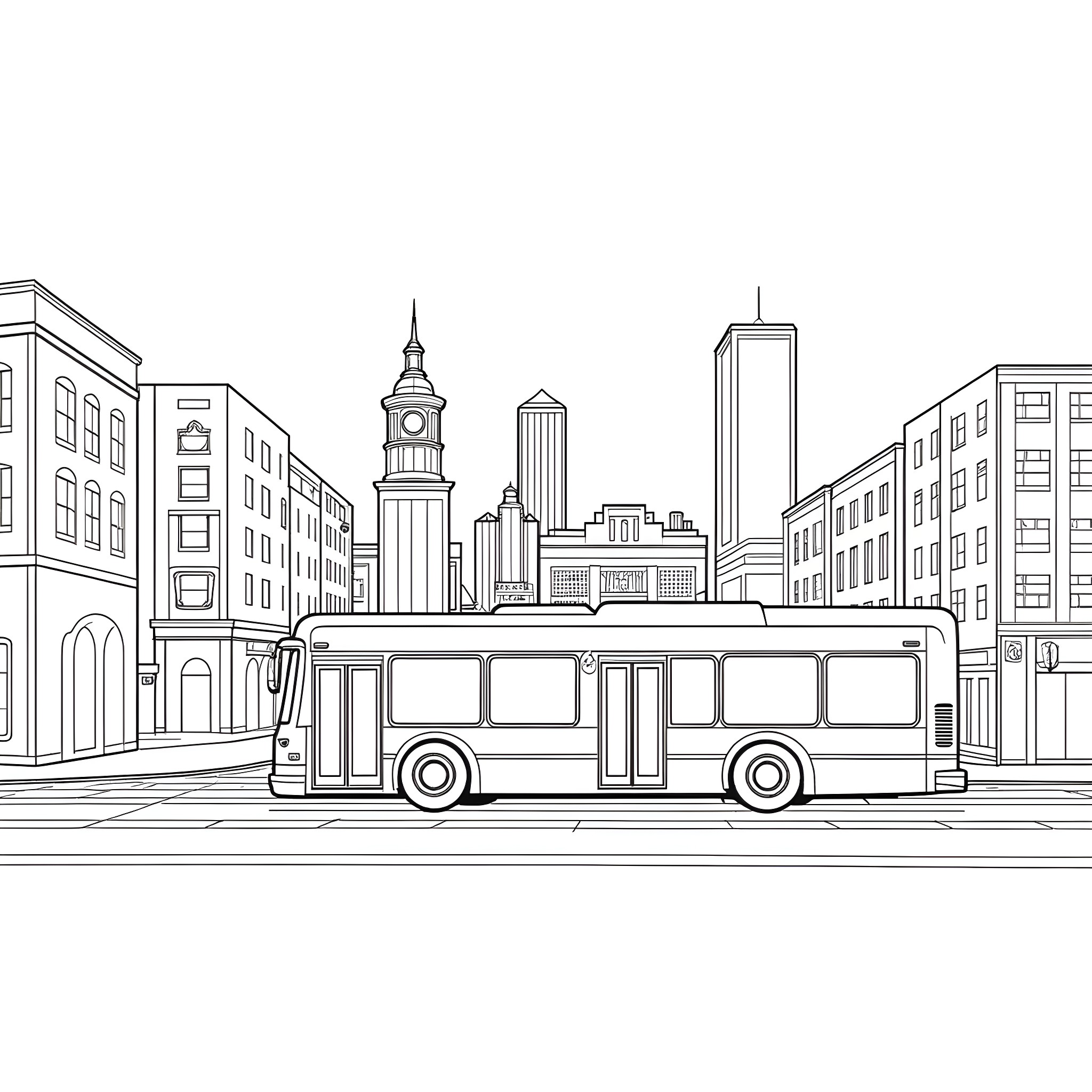 Bus traveling through the busy city streets Coloring Page (free black-and-white line drawing printable PDF for all, from beginners to advanced learners, including children, teens, adults, and seniors)