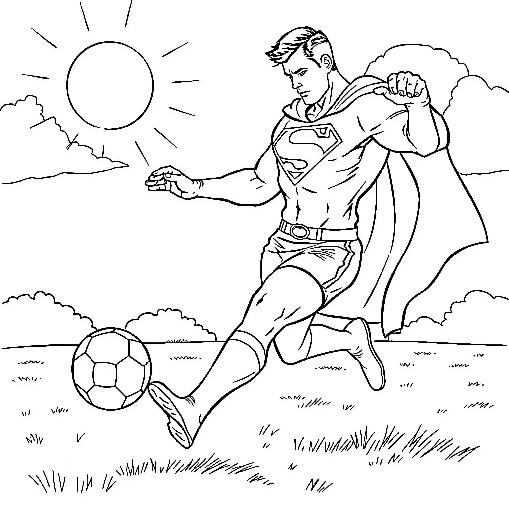 Superman playing soccer in the sun Coloring Page (free black-and-white line drawing printable PDF for all, from beginners to advanced learners, including children, teens, adults, and seniors)