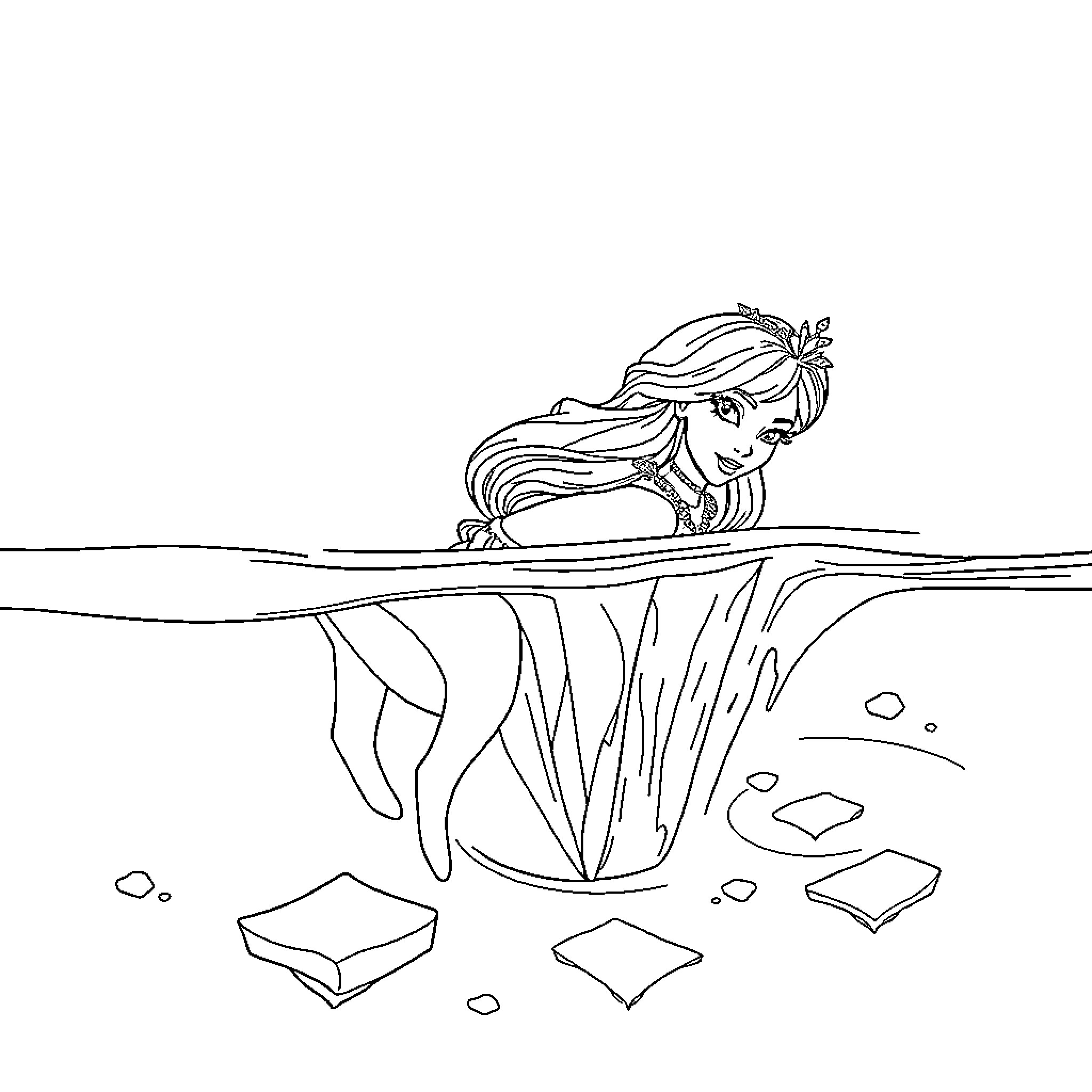 Snow Queen in Icy Underwater Adventure Coloring Page (free black-and-white line drawing printable PDF for all, from beginners to advanced learners, including children, teens, adults, and seniors)
