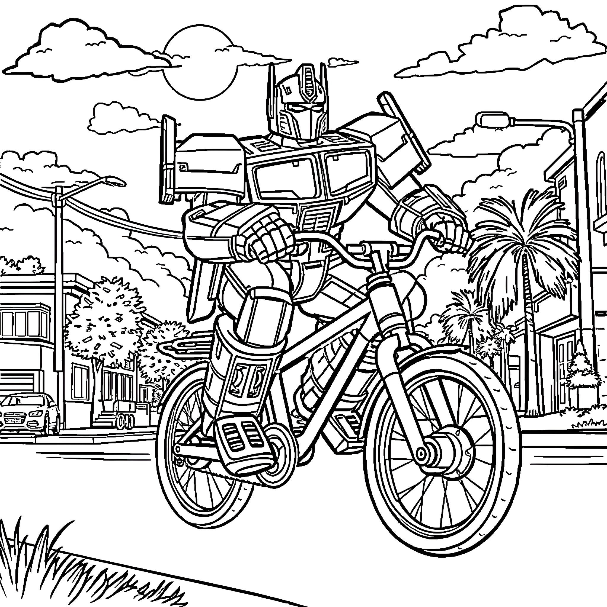 Optimus Prime riding an electric bicycle in the city Coloring Page (free black-and-white line drawing printable PDF for all, from beginners to advanced learners, including children, teens, adults, and seniors)