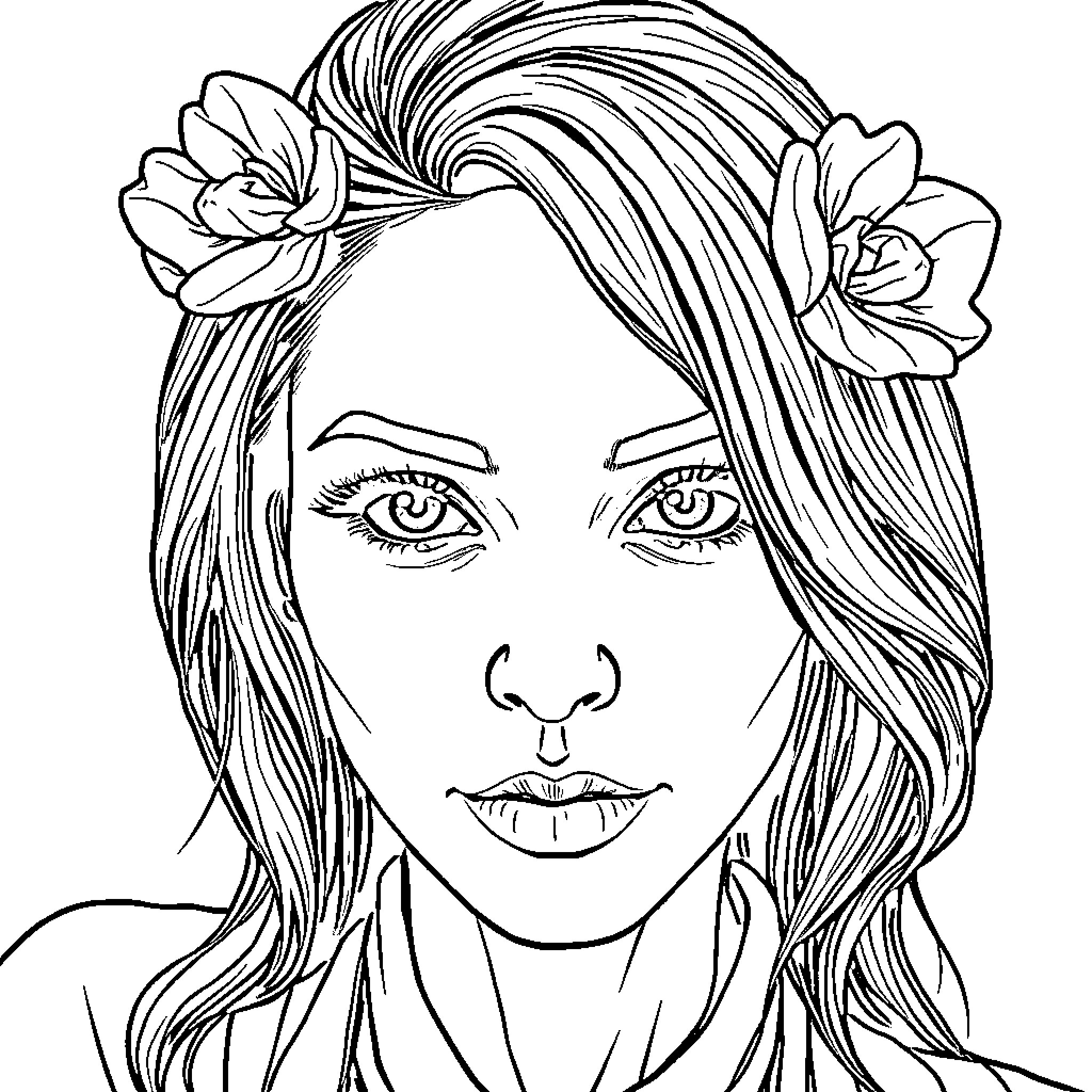 Person with flowers in hair and facial expressions Coloring Page (free black-and-white line drawing printable PDF for all, from beginners to advanced learners, including children, teens, adults, and seniors)