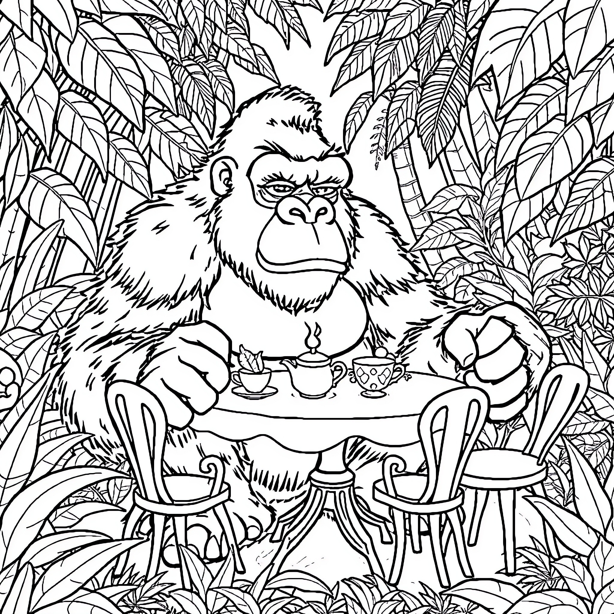 King Kong enjoying tea time in the jungle Coloring Page (free black-and-white line drawing printable PDF for all, from beginners to advanced learners, including children, teens, adults, and seniors)