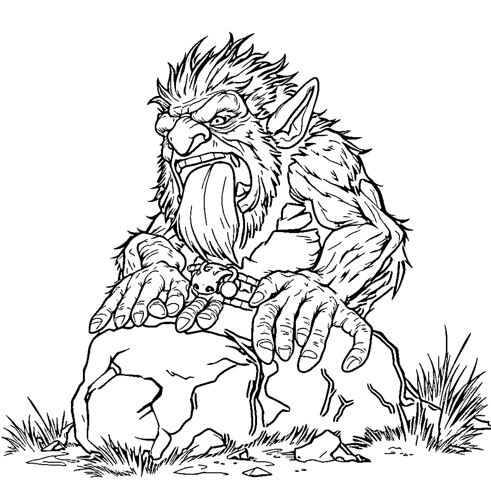 Troll Creature Lurking in the Wild Coloring Page (free black-and-white line drawing printable PDF for all, from beginners to advanced learners, including children, teens, adults, and seniors)