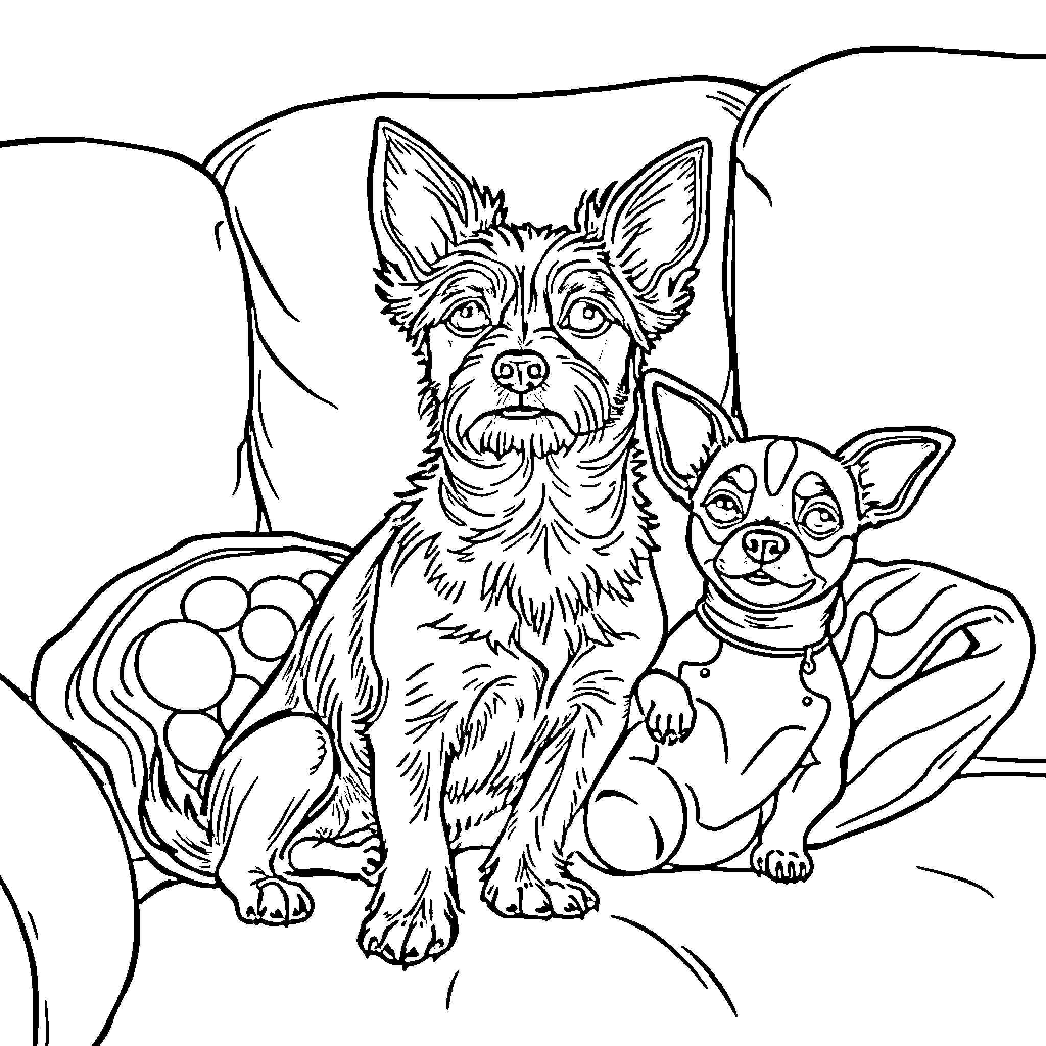 Dog friends relaxing on couch Coloring Page (free black-and-white line drawing printable PDF for all, from beginners to advanced learners, including children, teens, adults, and seniors)