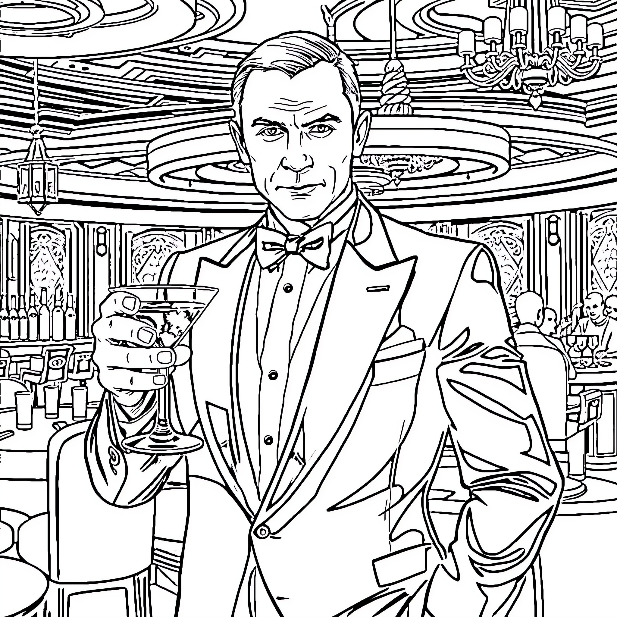 James Bond in a Formal Suit and Bowtie, Holding a Drink Coloring Page (free black-and-white line drawing printable PDF for all, from beginners to advanced learners, including children, teens, adults, and seniors)