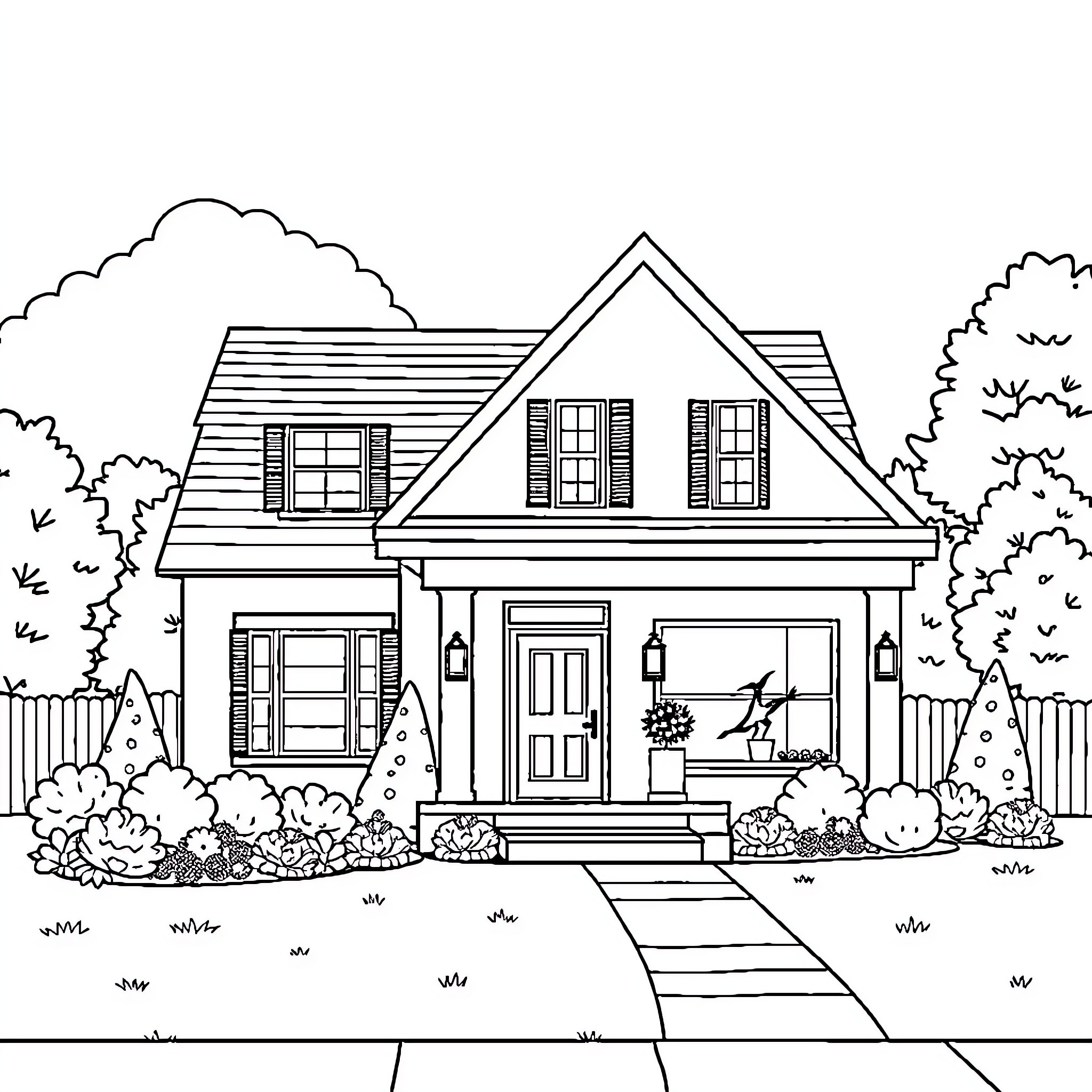 Home Exterior with Landscaping and Details Coloring Page (free black-and-white line drawing printable PDF for all, from beginners to advanced learners, including children, teens, adults, and seniors)