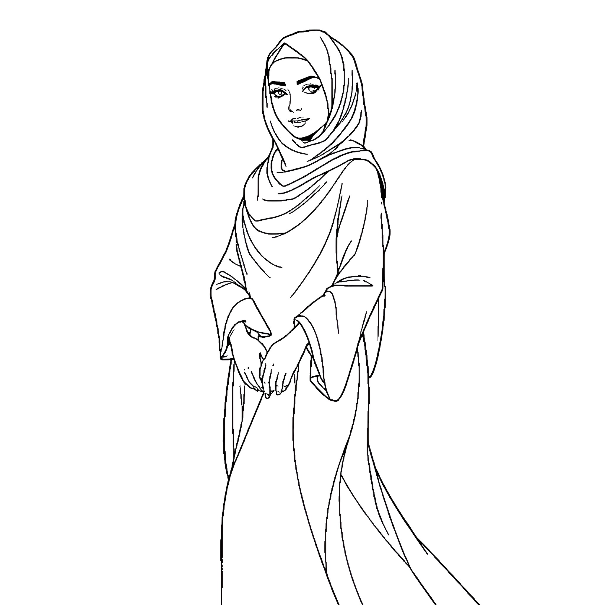 Woman in traditional Islamic dress Coloring Page (free black-and-white line drawing printable PDF for all, from beginners to advanced learners, including children, teens, adults, and seniors)