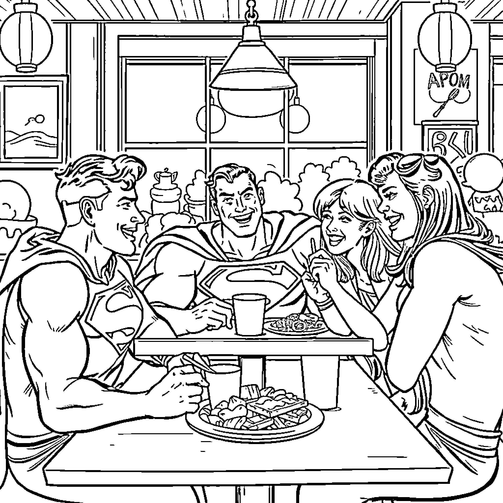Superman sharing a meal with friends in a diner Coloring Page (free black-and-white line drawing printable PDF for all, from beginners to advanced learners, including children, teens, adults, and seniors)