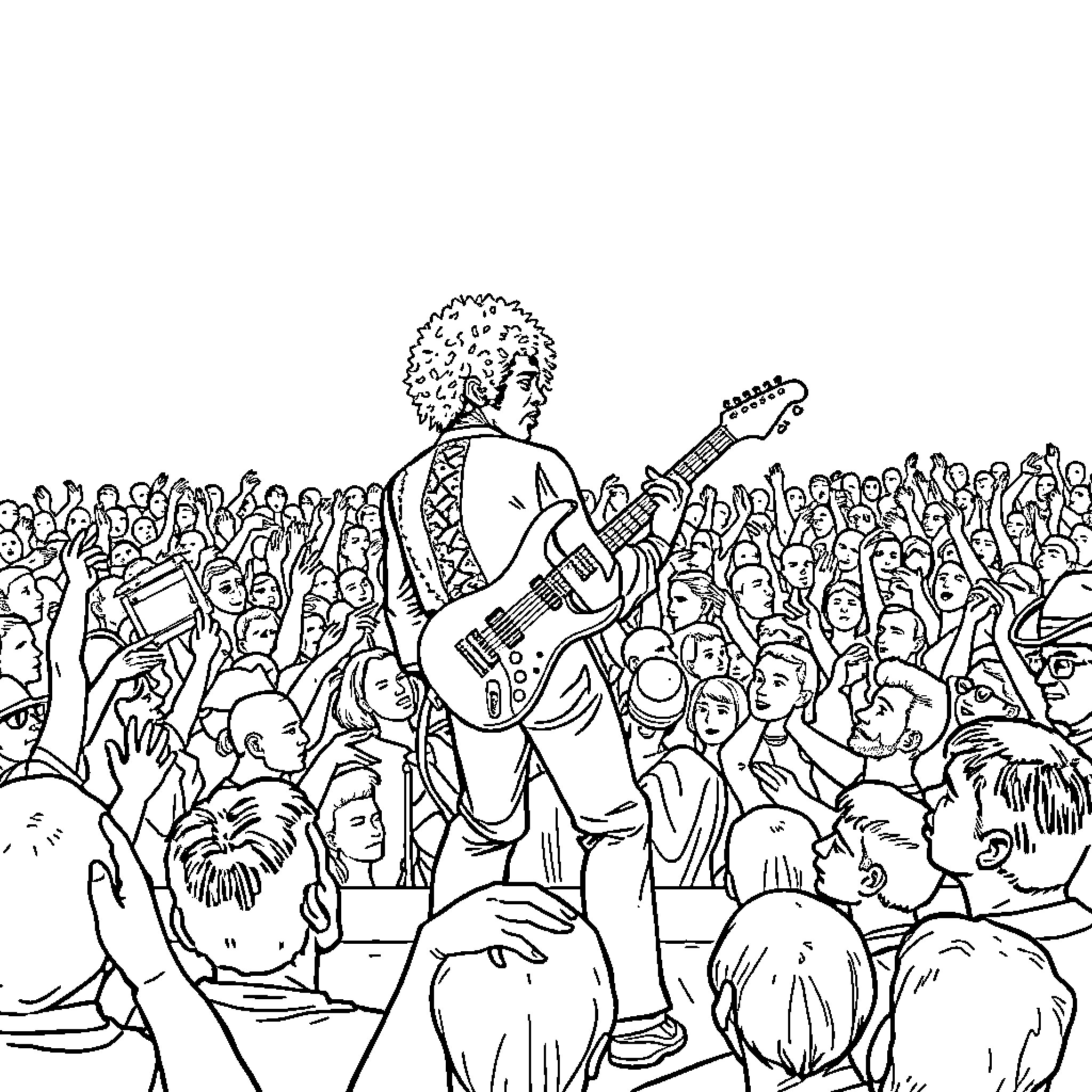 Jimi Hendrix performing passionately on stage with his electric guitar Coloring Page (free black-and-white line drawing printable PDF for all, from beginners to advanced learners, including children, teens, adults, and seniors)