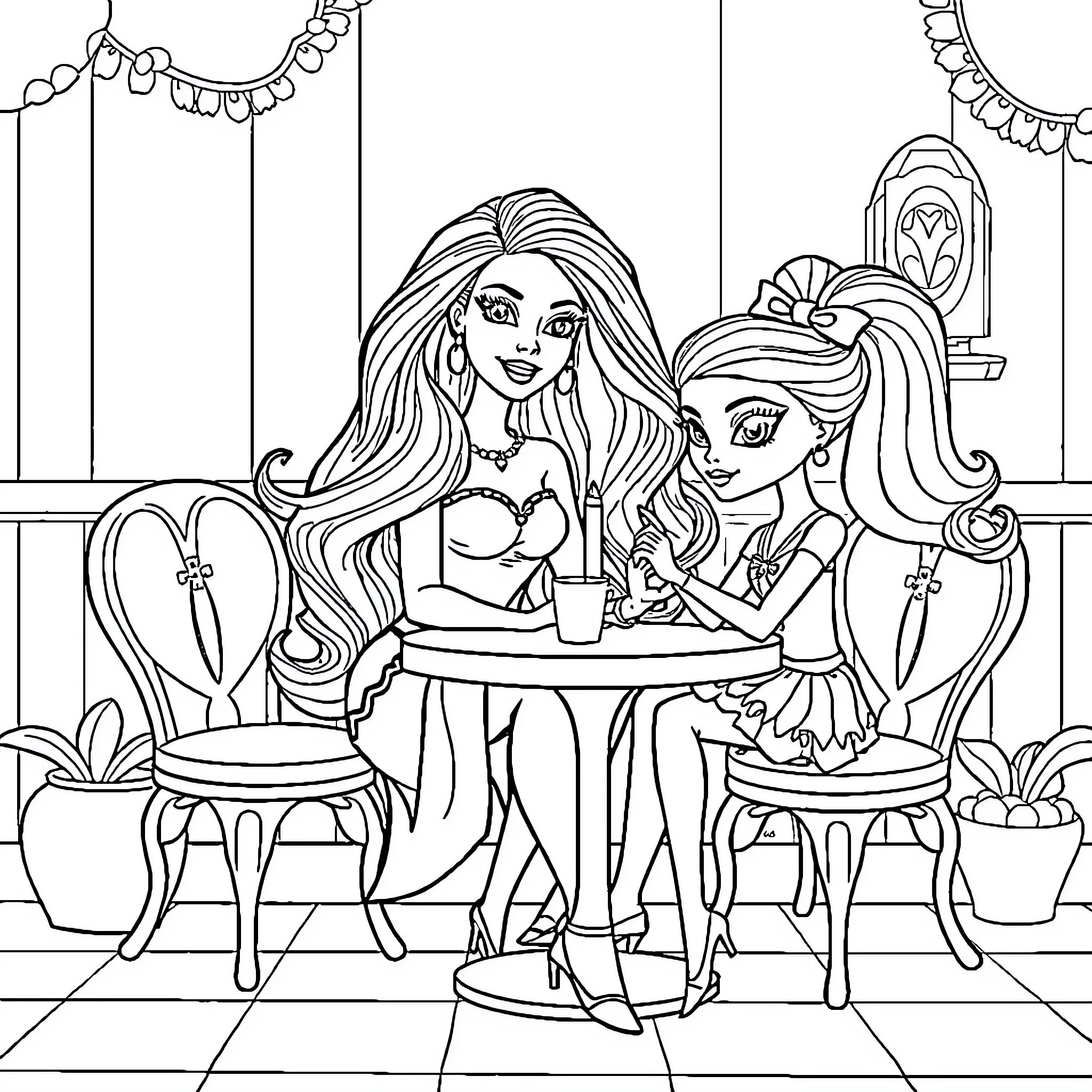 Barbie friends enjoying a cozy cafe conversation Coloring Page (free black-and-white line drawing printable PDF for all, from beginners to advanced learners, including children, teens, adults, and seniors)
