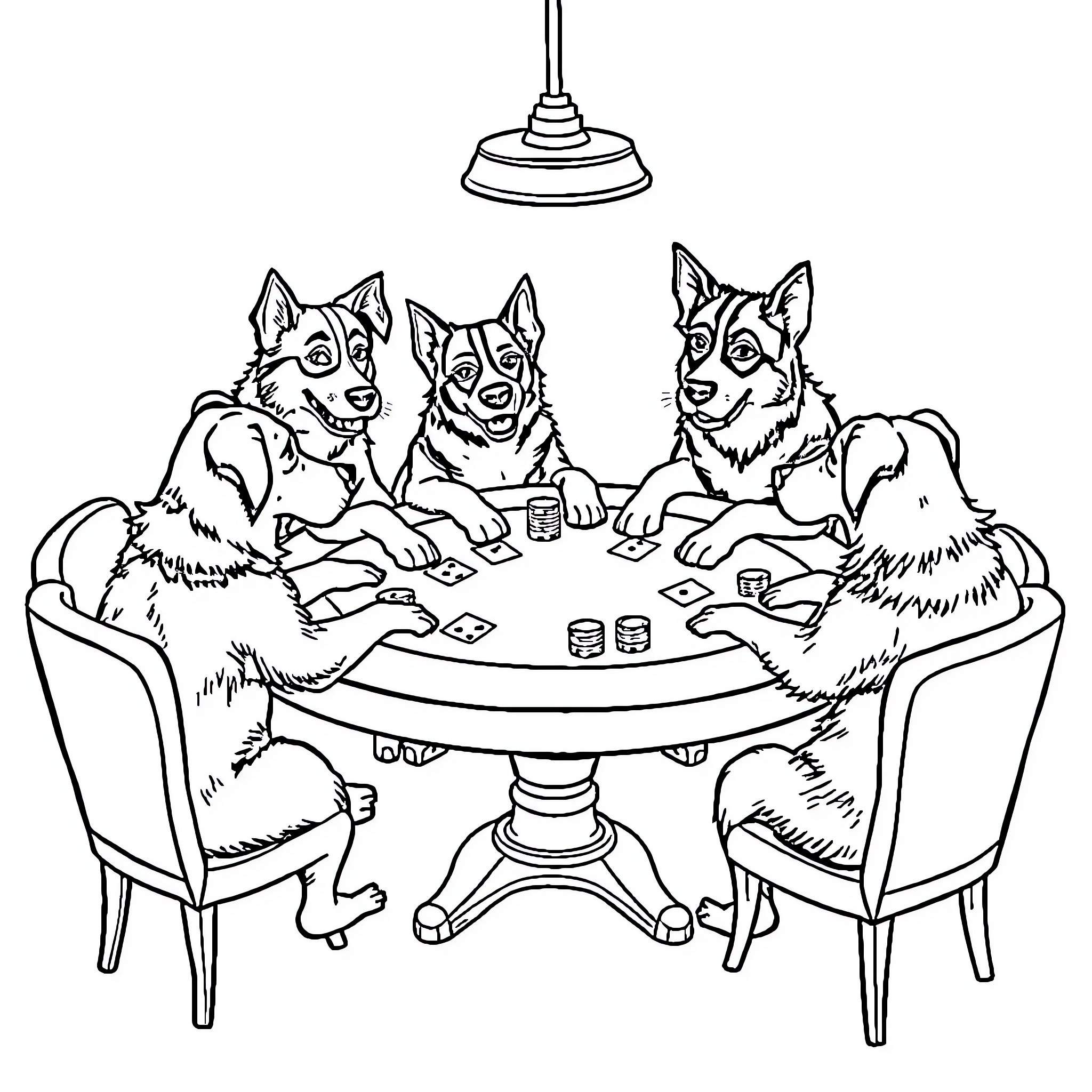 Dogs playing cards at the table Coloring Page (free black-and-white line drawing printable PDF for all, from beginners to advanced learners, including children, teens, adults, and seniors)
