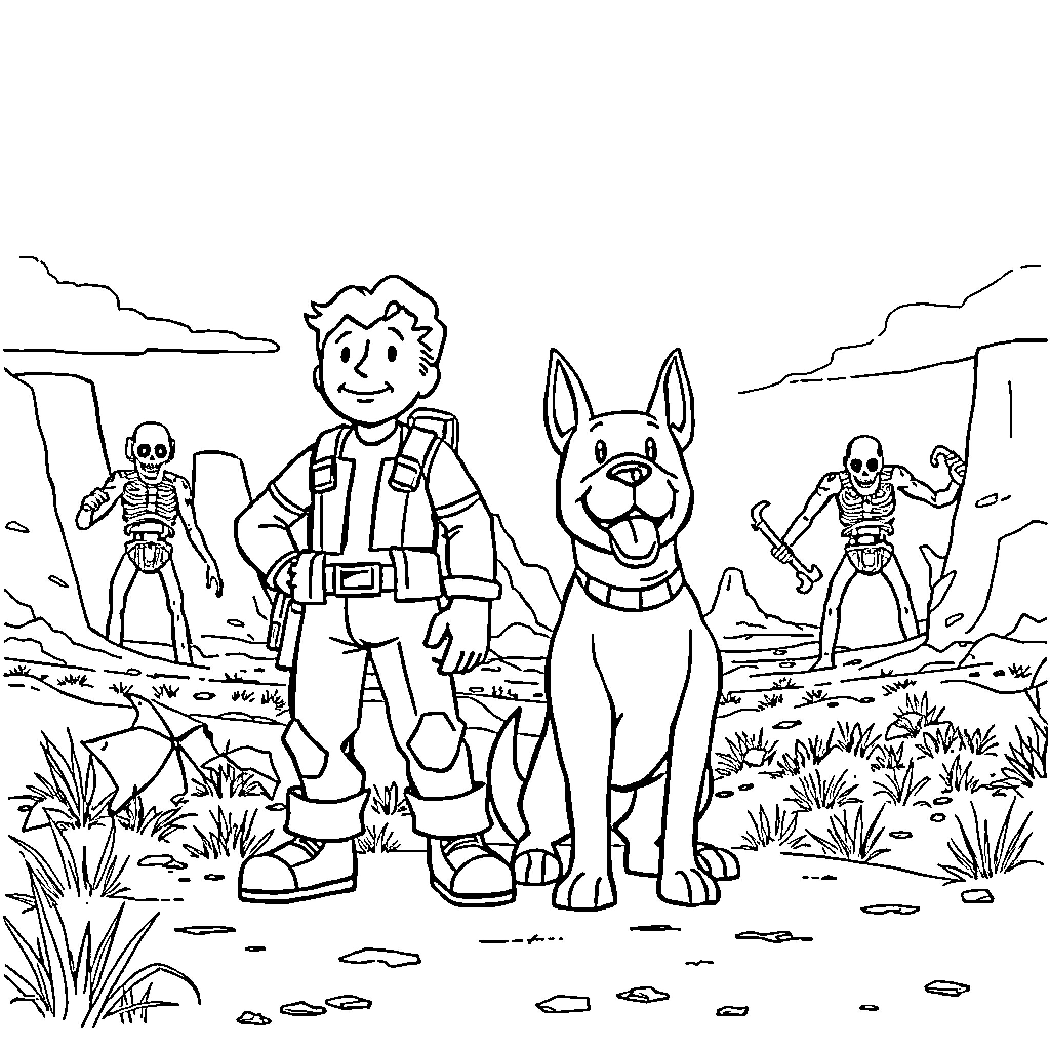 Vault Boy and his canine companion explore a post-apocalyptic landscape Coloring Page (free black-and-white line drawing printable PDF for all, from beginners to advanced learners, including children, teens, adults, and seniors)