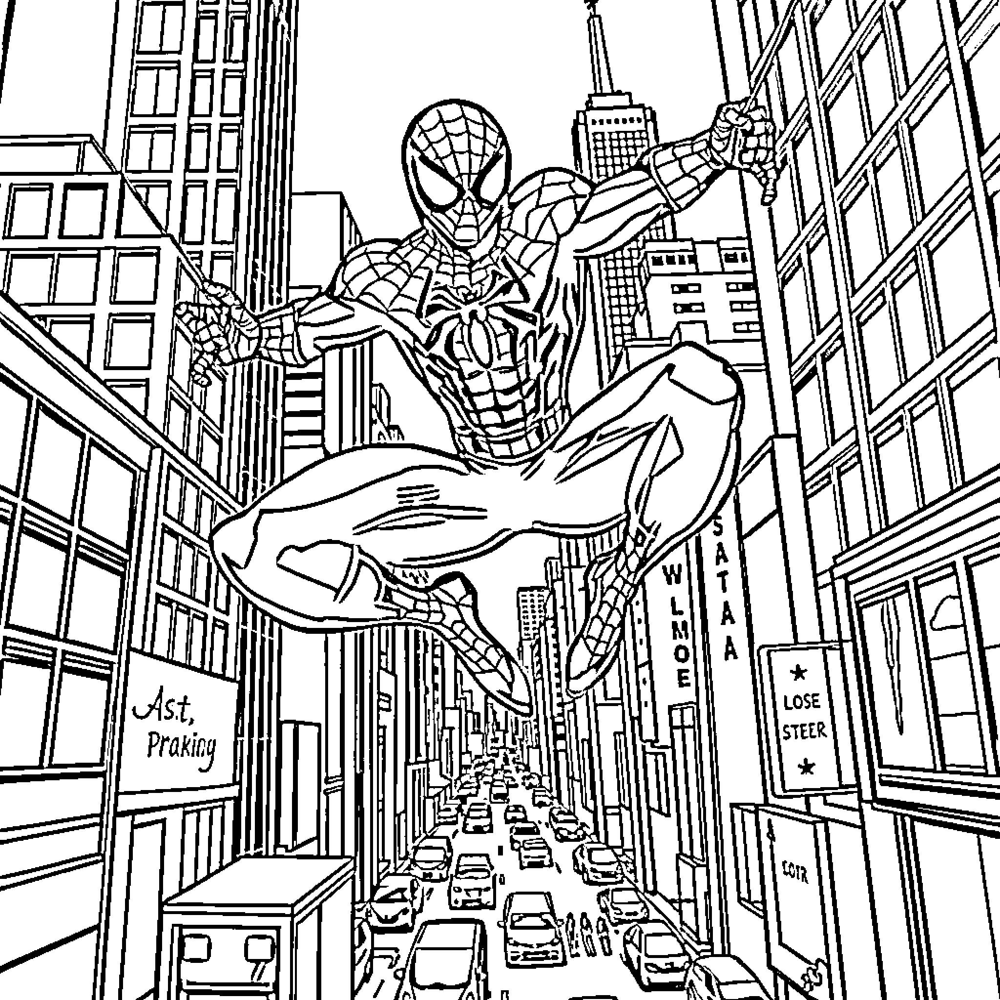 Spider-Man swinging through the city skyline Coloring Page (free black-and-white line drawing printable PDF for all, from beginners to advanced learners, including children, teens, adults, and seniors)
