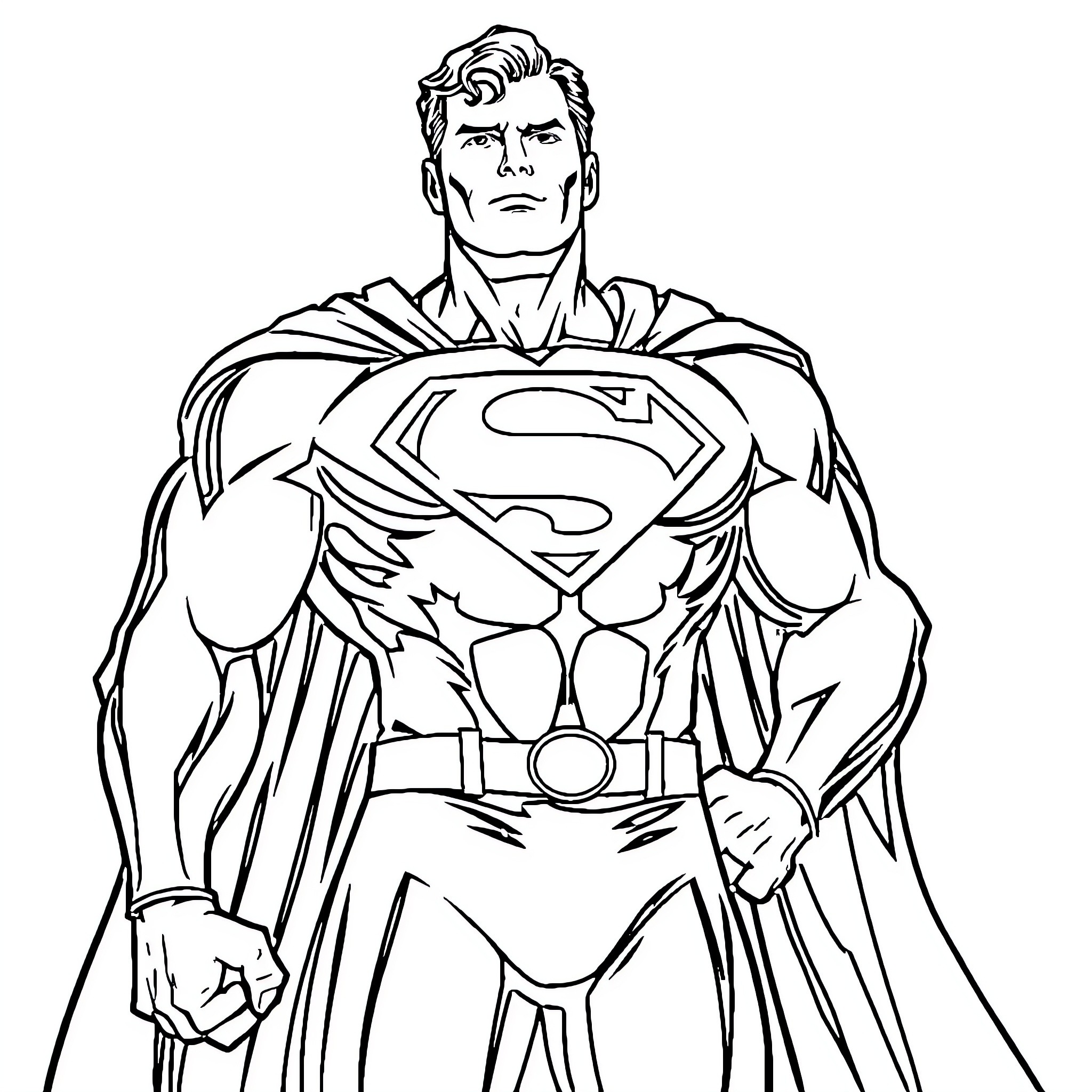 Superman standing heroically in his iconic outfit Coloring Page (free black-and-white line drawing printable PDF for all, from beginners to advanced learners, including children, teens, adults, and seniors)