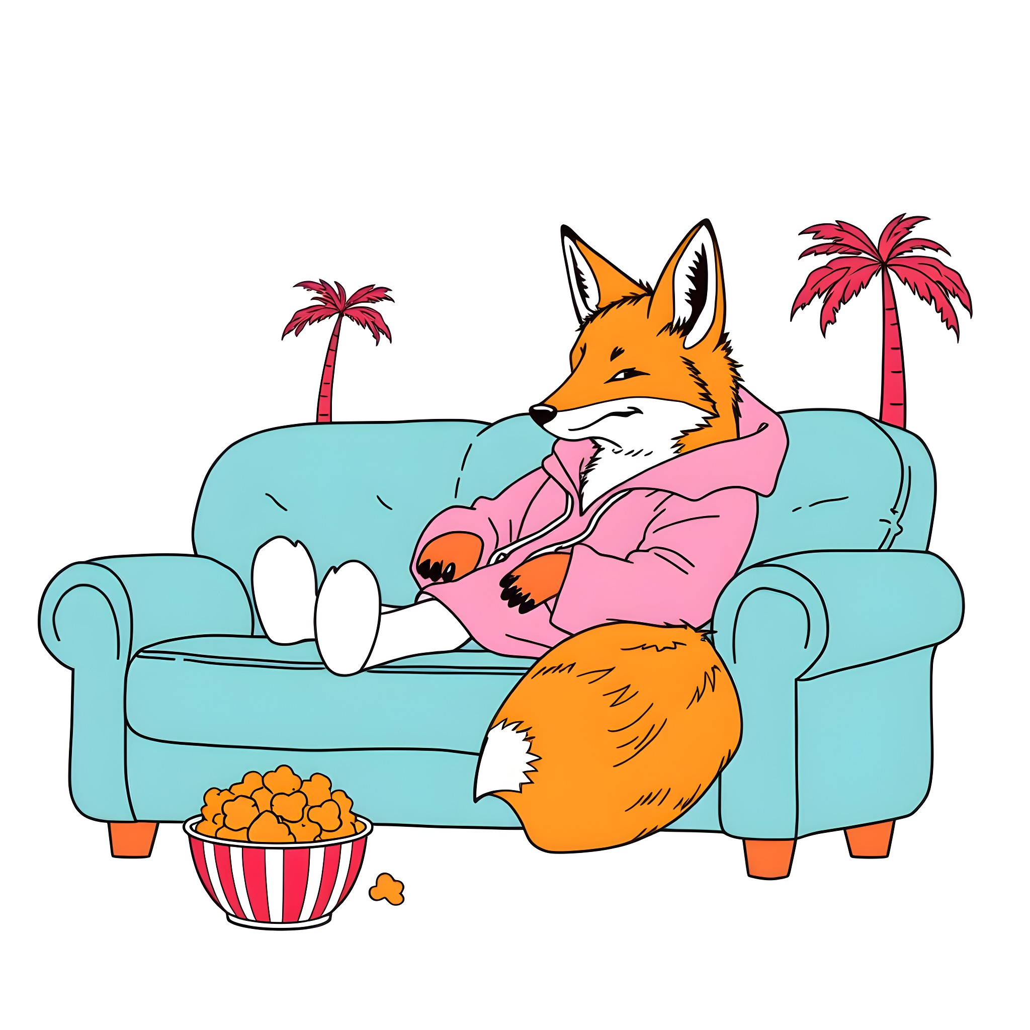 Fox relaxing on the couch with snacks Coloring Page (free black-and-white line drawing printable PDF for all, from beginners to advanced learners, including children, teens, adults, and seniors)