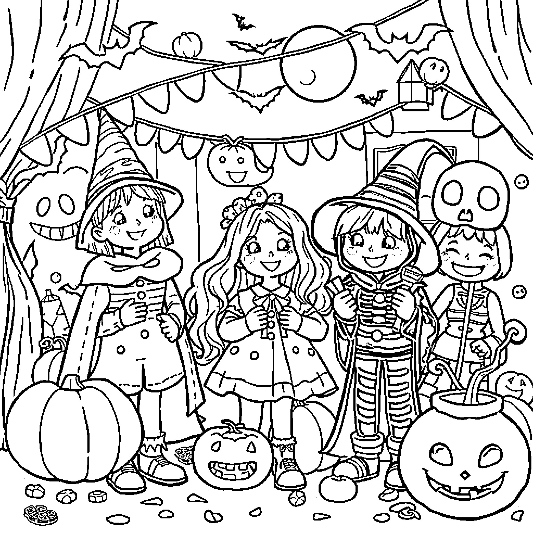 Halloween costume party with smiling friends Coloring Page (free black-and-white line drawing printable PDF for all, from beginners to advanced learners, including children, teens, adults, and seniors)