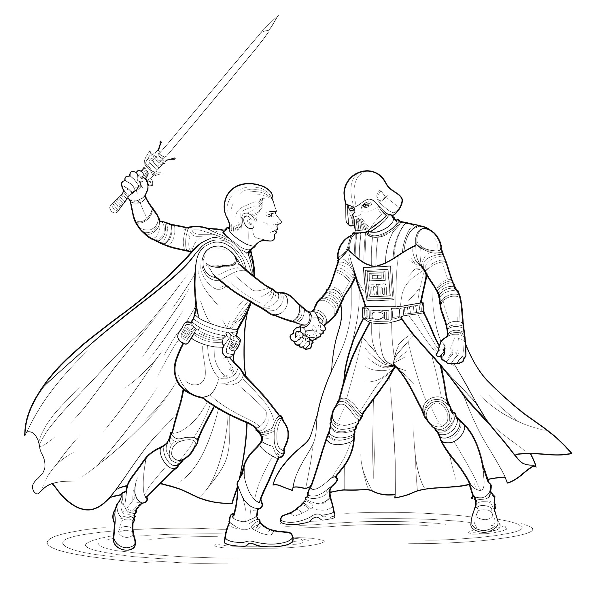 Vader's Fierce Duel with a Foe Coloring Page (free black-and-white line drawing printable PDF for all, from beginners to advanced learners, including children, teens, adults, and seniors)