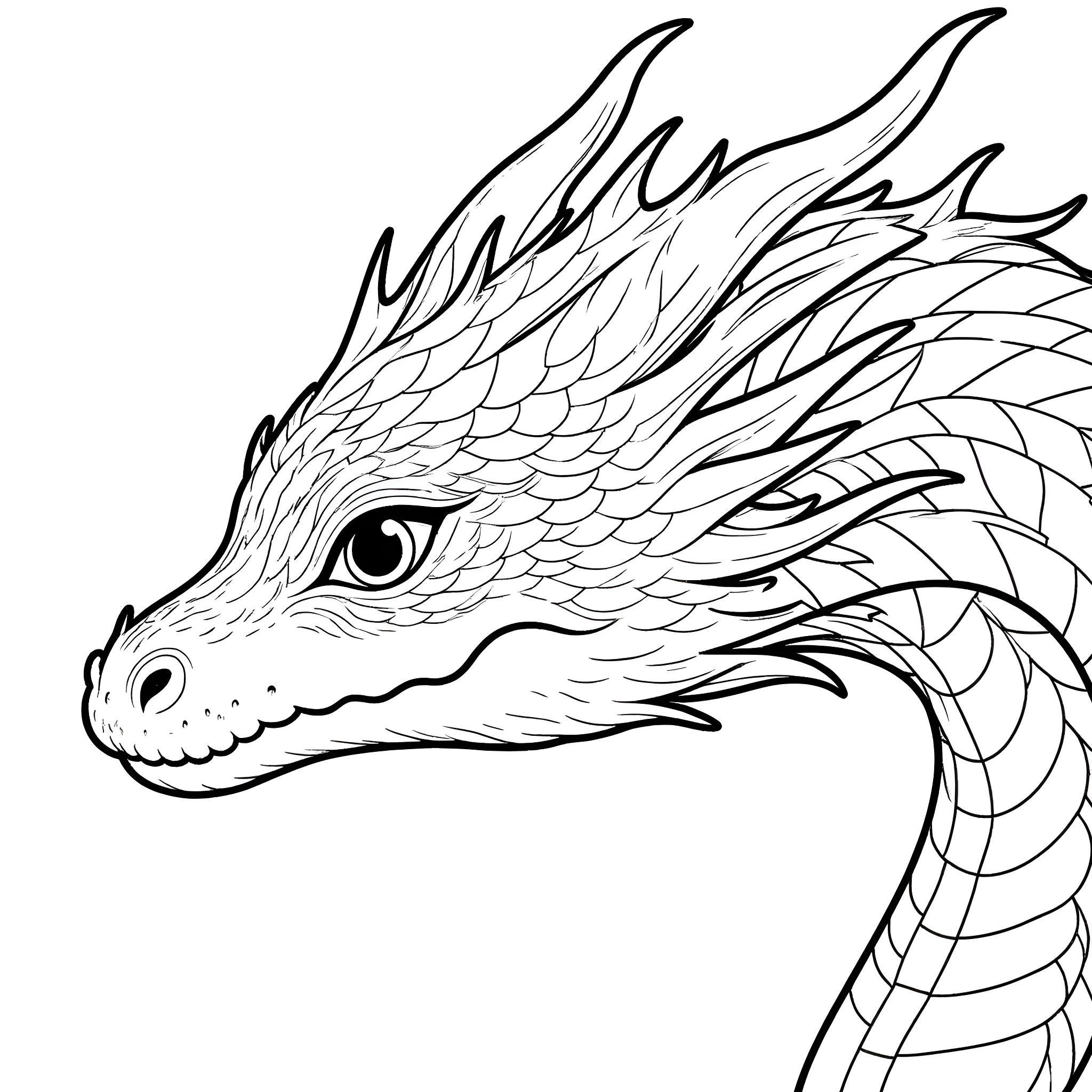 Dragon with Intricate Scales and Expressions Coloring Page (free black-and-white line drawing printable PDF for all, from beginners to advanced learners, including children, teens, adults, and seniors)