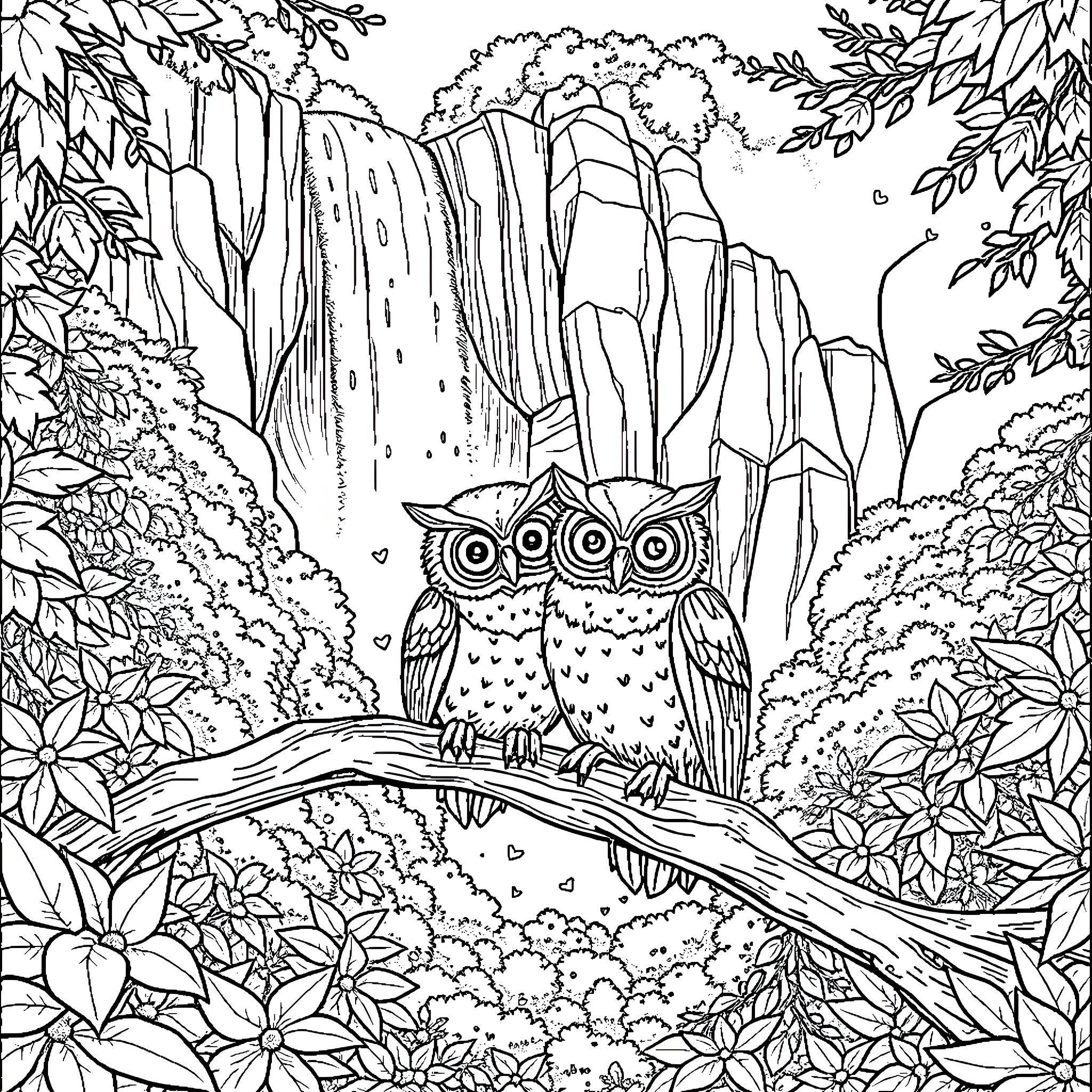 Owl Perched on a Wooden Bridge in a Lush Forest Coloring Page (free black-and-white line drawing printable PDF for all, from beginners to advanced learners, including children, teens, adults, and seniors)
