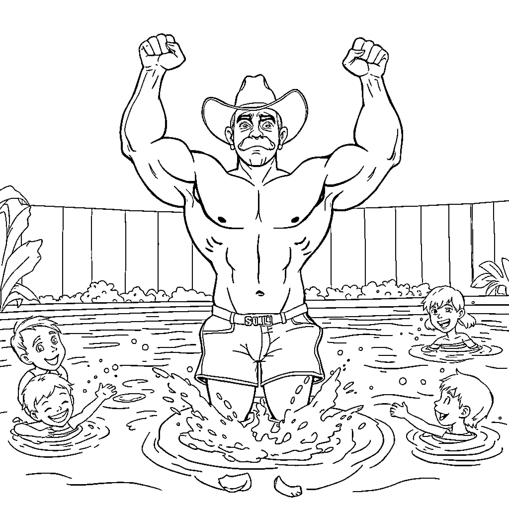 Dad's Strength on Display with Kids at the Pool Coloring Page (free black-and-white line drawing printable PDF for all, from beginners to advanced learners, including children, teens, adults, and seniors)