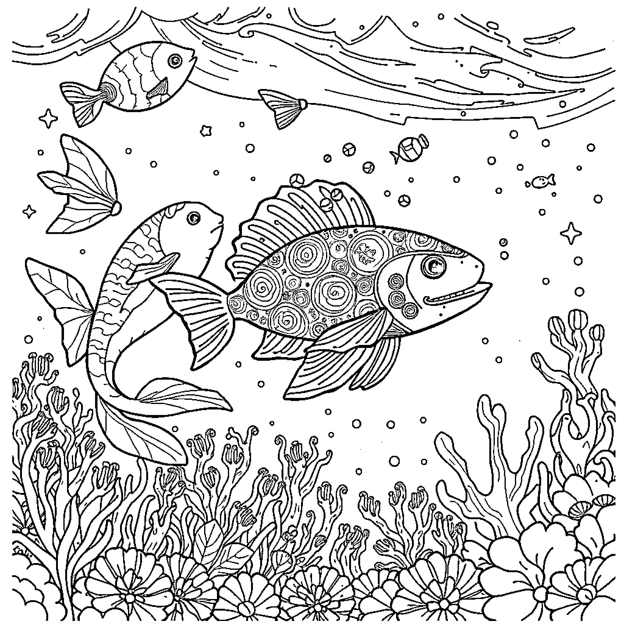Sea Creatures Swimming Amidst Vibrant Underwater Scenery Coloring Page (free black-and-white line drawing printable PDF for all, from beginners to advanced learners, including children, teens, adults, and seniors)