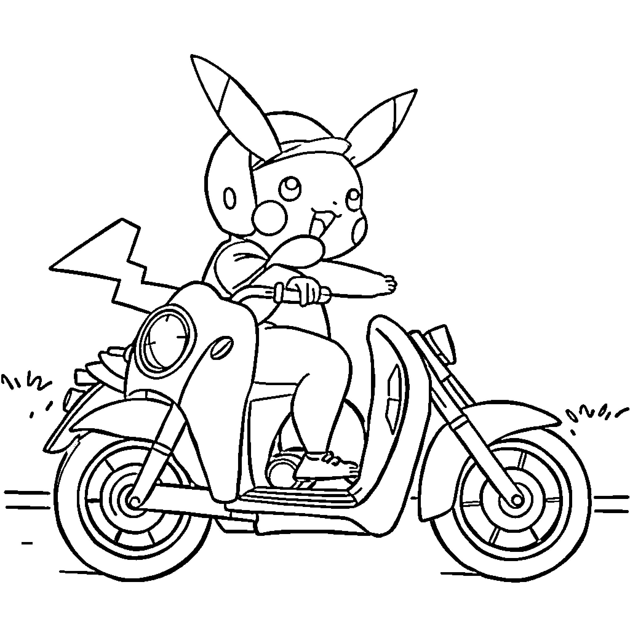Pikachu riding a motorcycle with enthusiasm Coloring Page (free black-and-white line drawing printable PDF for all, from beginners to advanced learners, including children, teens, adults, and seniors)