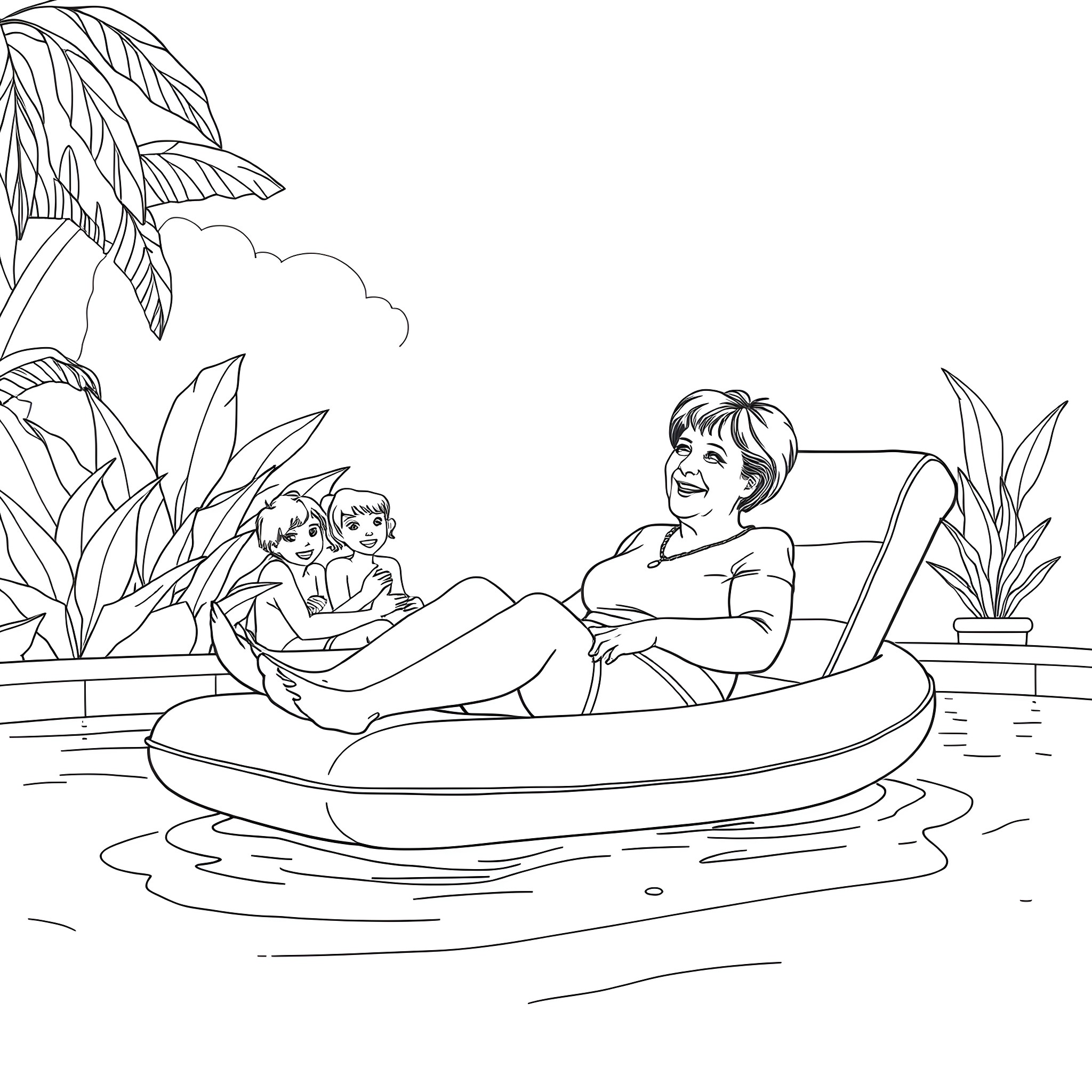 Angela Merkel relaxing in a pool with two children Coloring Page (free black-and-white line drawing printable PDF for all, from beginners to advanced learners, including children, teens, adults, and seniors)