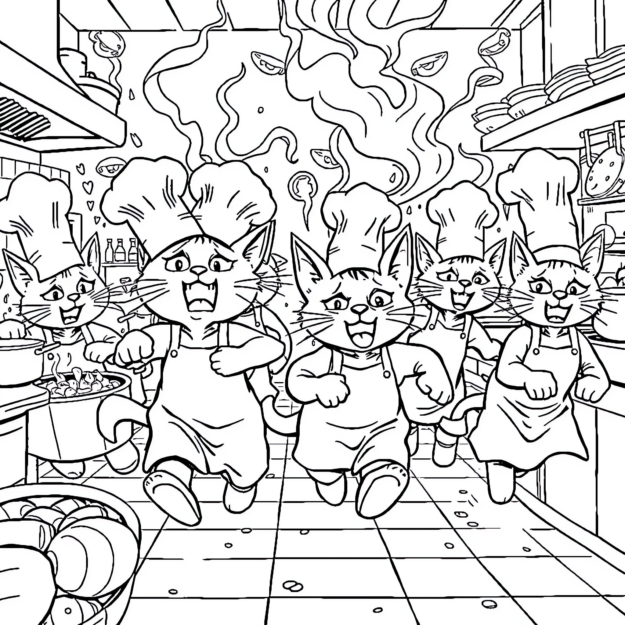 Cats Causing Chaos in the Kitchen Coloring Page (free black-and-white line drawing printable PDF for all, from beginners to advanced learners, including children, teens, adults, and seniors)