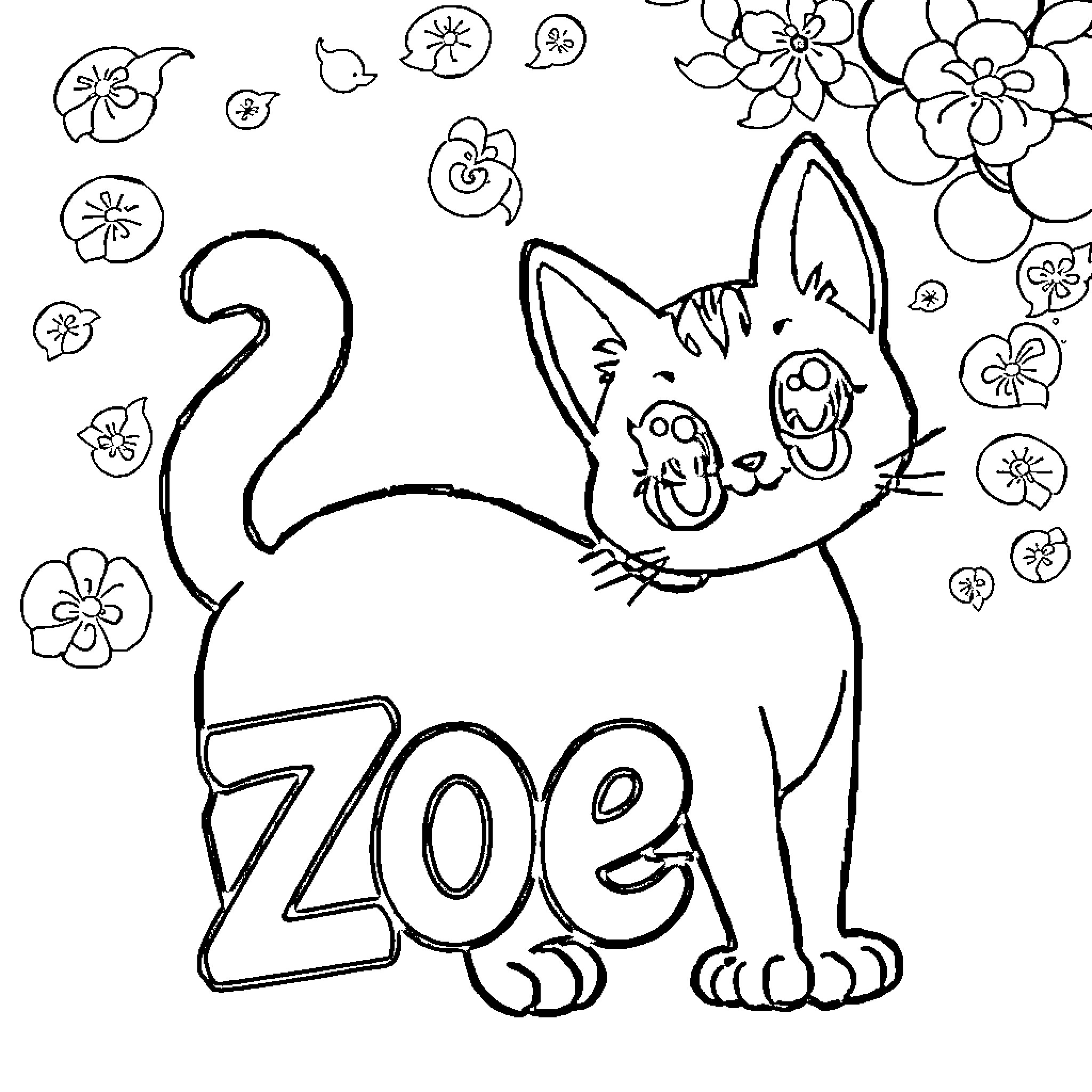 Zoë the Playful Cat with Flowers Coloring Page (free black-and-white line drawing printable PDF for all, from beginners to advanced learners, including children, teens, adults, and seniors)