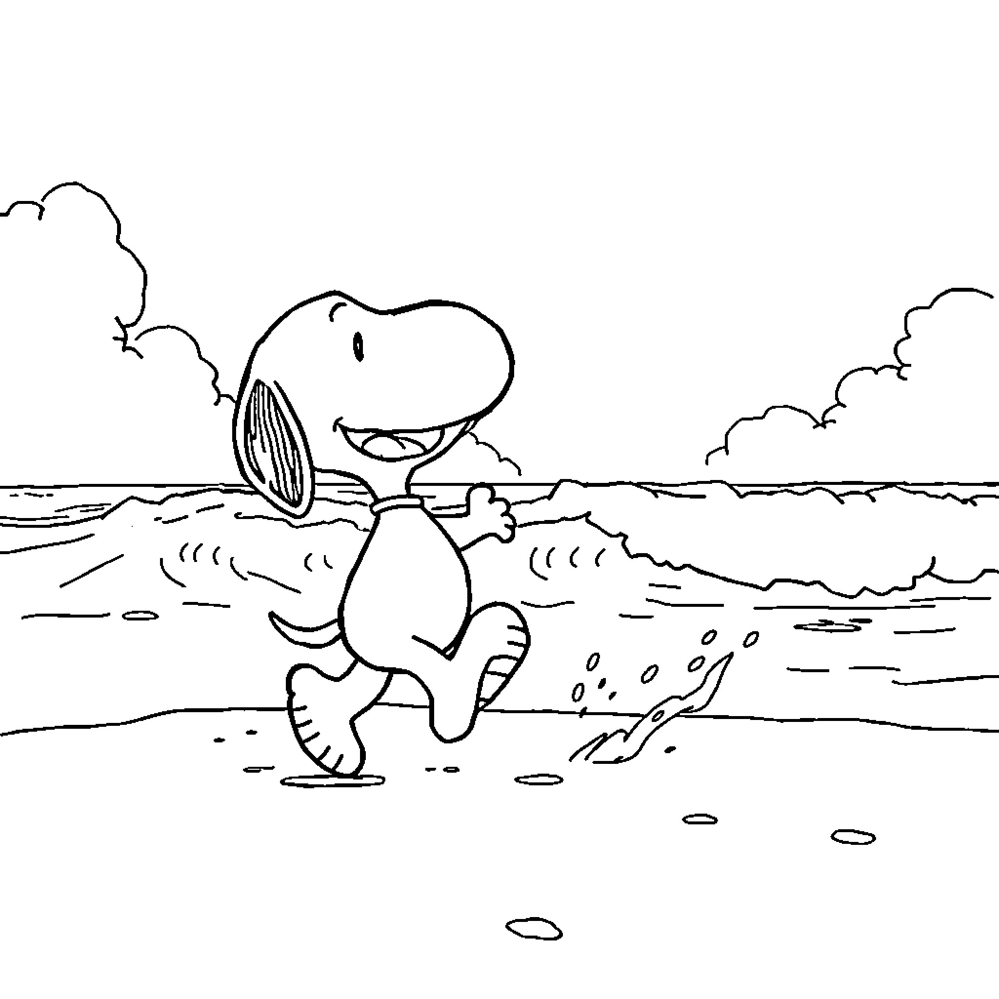 Snoopy enjoying a peaceful walk by the ocean Coloring Page (free black-and-white line drawing printable PDF for all, from beginners to advanced learners, including children, teens, adults, and seniors)