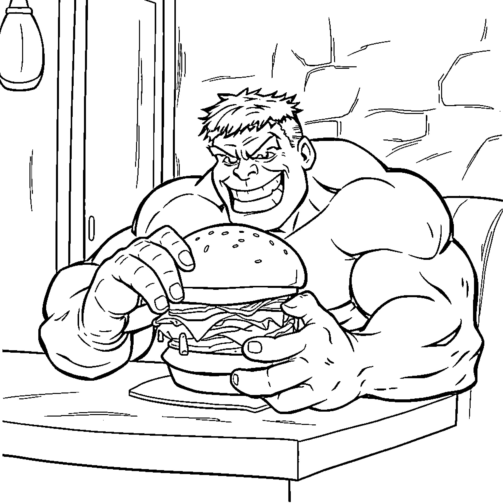 Hulk enjoys a delicious burger in a grunge setting Coloring Page (free black-and-white line drawing printable PDF for all, from beginners to advanced learners, including children, teens, adults, and seniors)