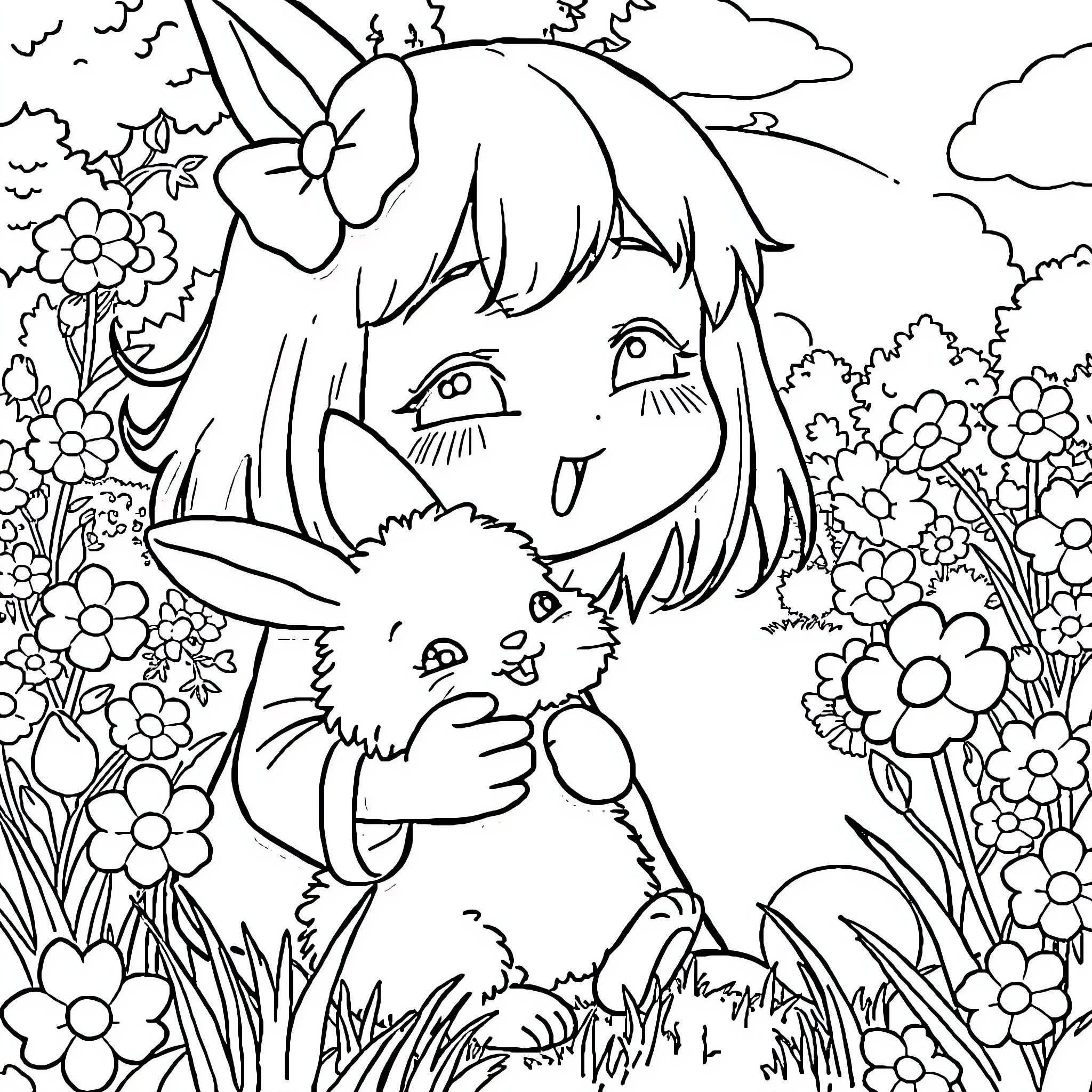 Kuromi and her fluffy companion in a floral wonderland Coloring Page (free black-and-white line drawing printable PDF for all, from beginners to advanced learners, including children, teens, adults, and seniors)