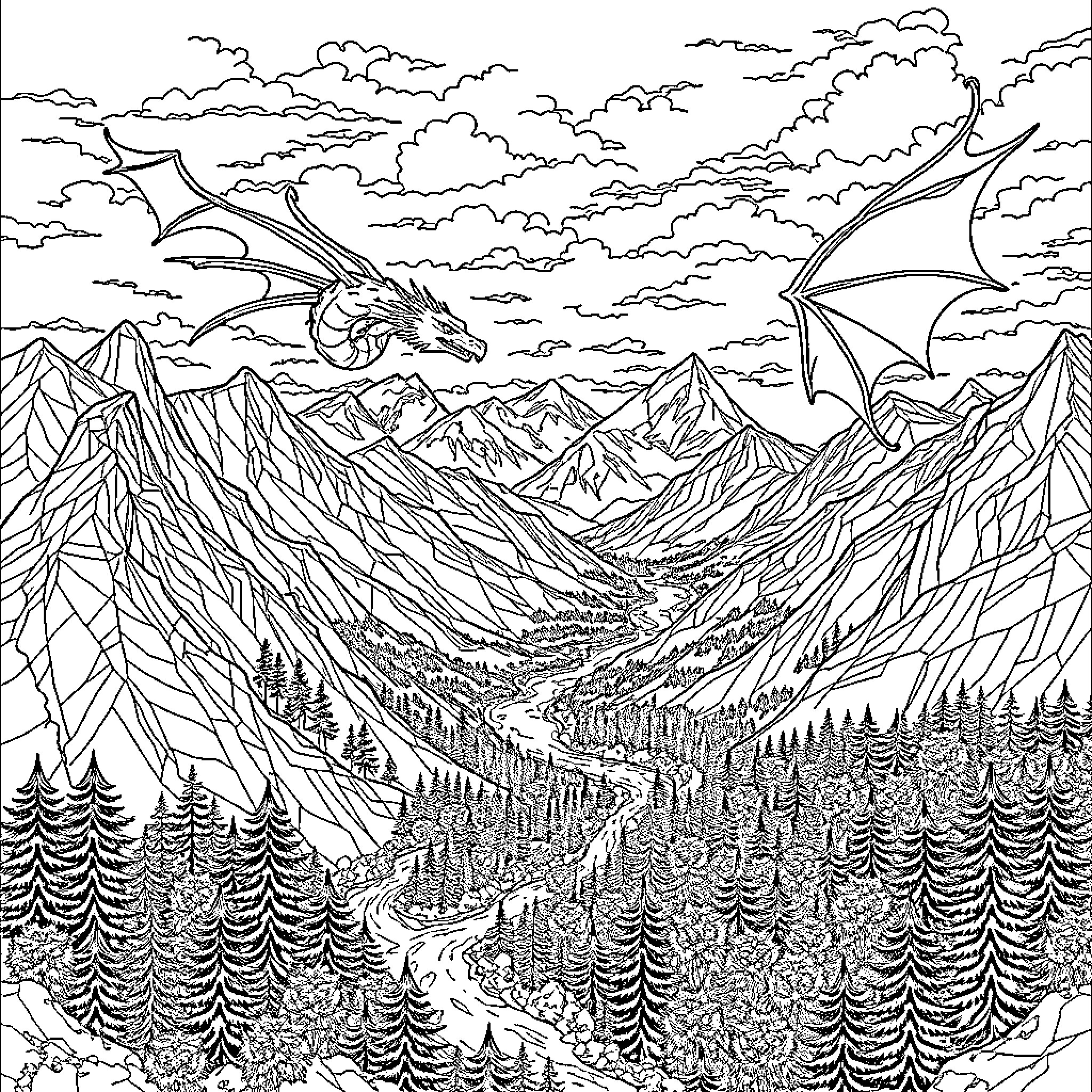 Dragon Soaring Over Majestic Mountain Landscape Coloring Page (free black-and-white line drawing printable PDF for all, from beginners to advanced learners, including children, teens, adults, and seniors)