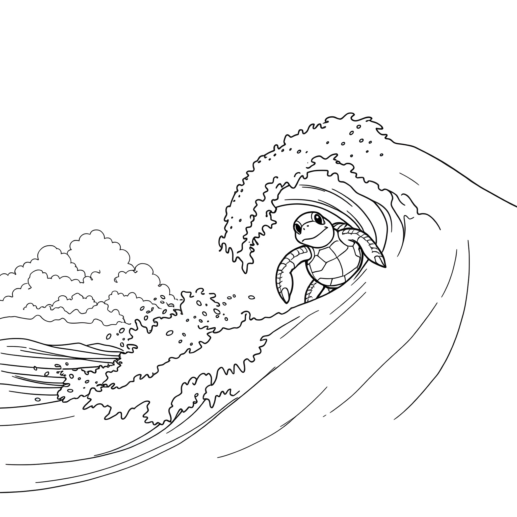 Turtle surfing on a big wave Coloring Page (free black-and-white line drawing printable PDF for all, from beginners to advanced learners, including children, teens, adults, and seniors)