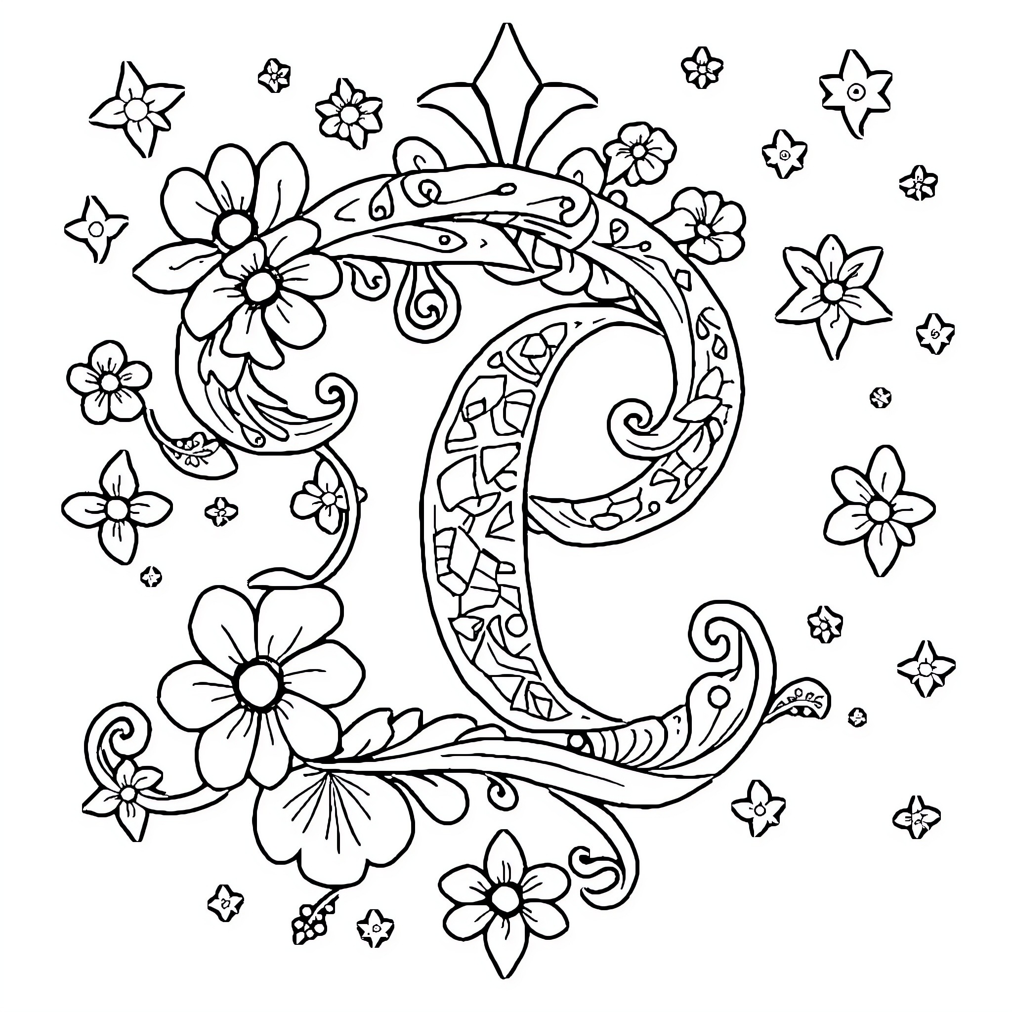 Letter of Floral Delight Coloring Page (free black-and-white line drawing printable PDF for all, from beginners to advanced learners, including children, teens, adults, and seniors)