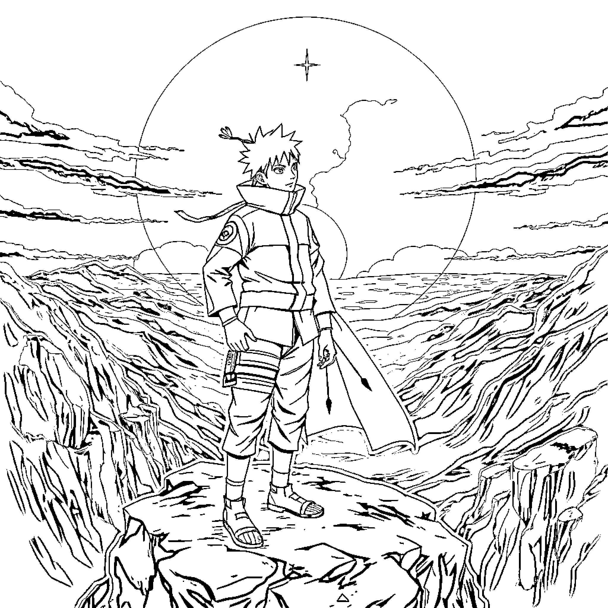 Naruto in a heroic stance against the dramatic landscape Coloring Page (free black-and-white line drawing printable PDF for all, from beginners to advanced learners, including children, teens, adults, and seniors)
