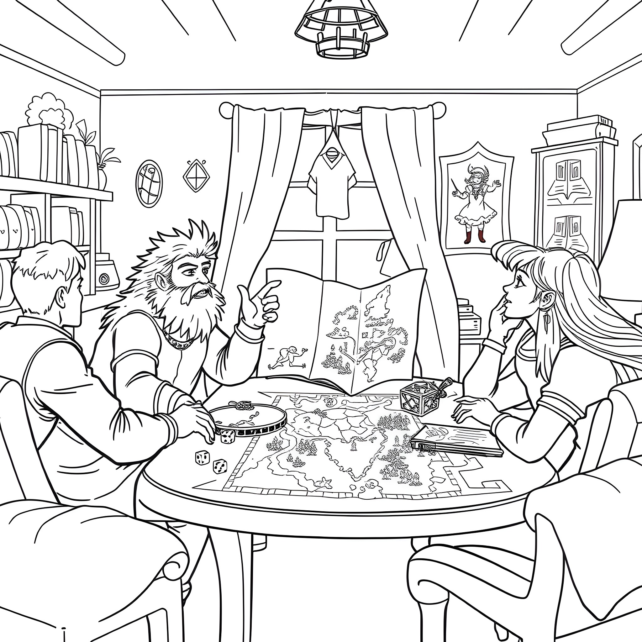 Karl's Fantastical Adventure Planning Session Coloring Page (free black-and-white line drawing printable PDF for all, from beginners to advanced learners, including children, teens, adults, and seniors)