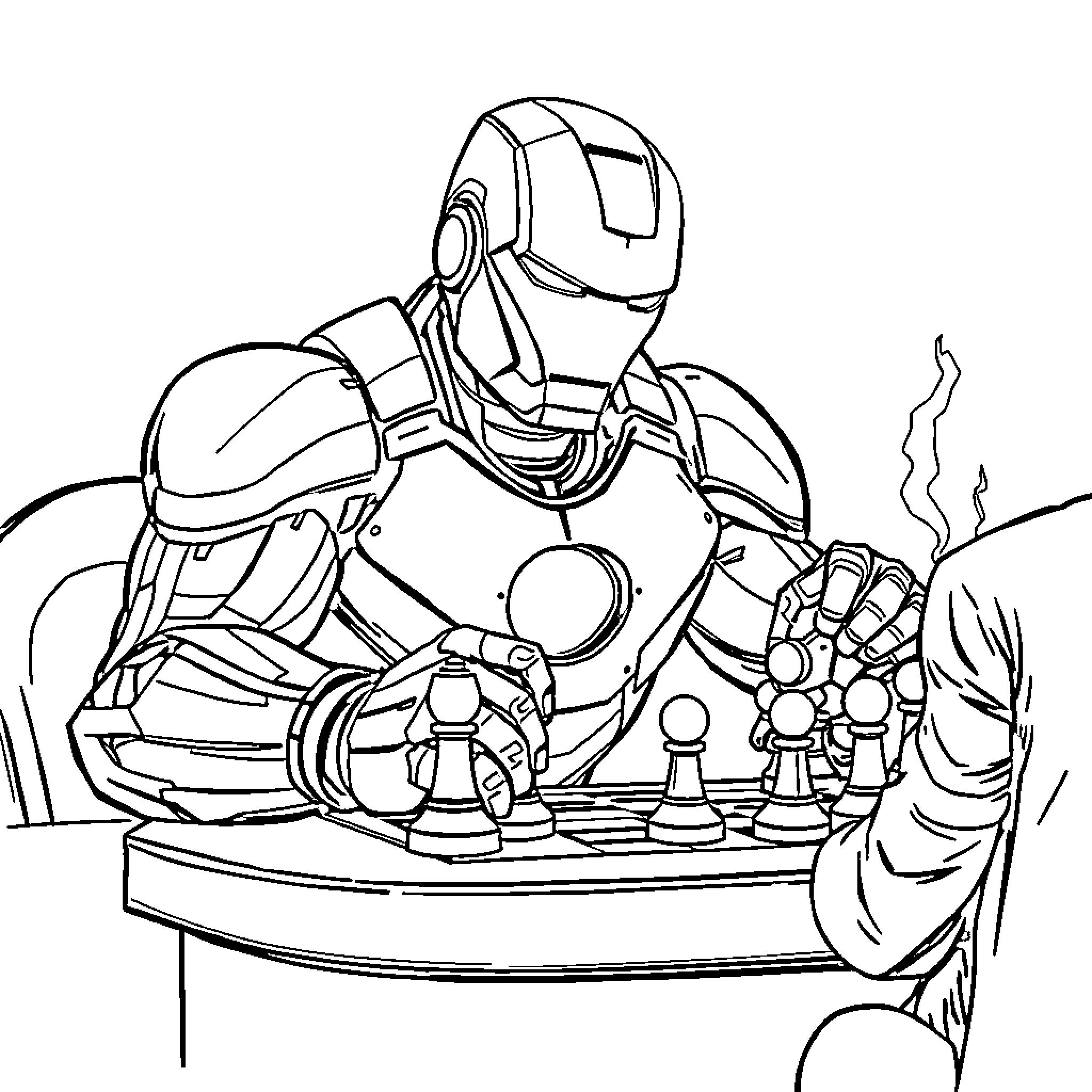 Iron Man Playing Chess with Mini-Figurines Coloring Page (free black-and-white line drawing printable PDF for all, from beginners to advanced learners, including children, teens, adults, and seniors)