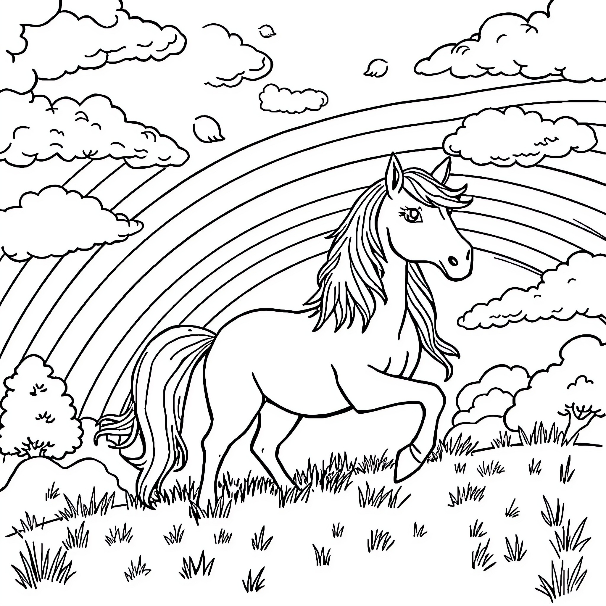 Pony prancing under a rainbow in a grassy field Coloring Page (free black-and-white line drawing printable PDF for all, from beginners to advanced learners, including children, teens, adults, and seniors)