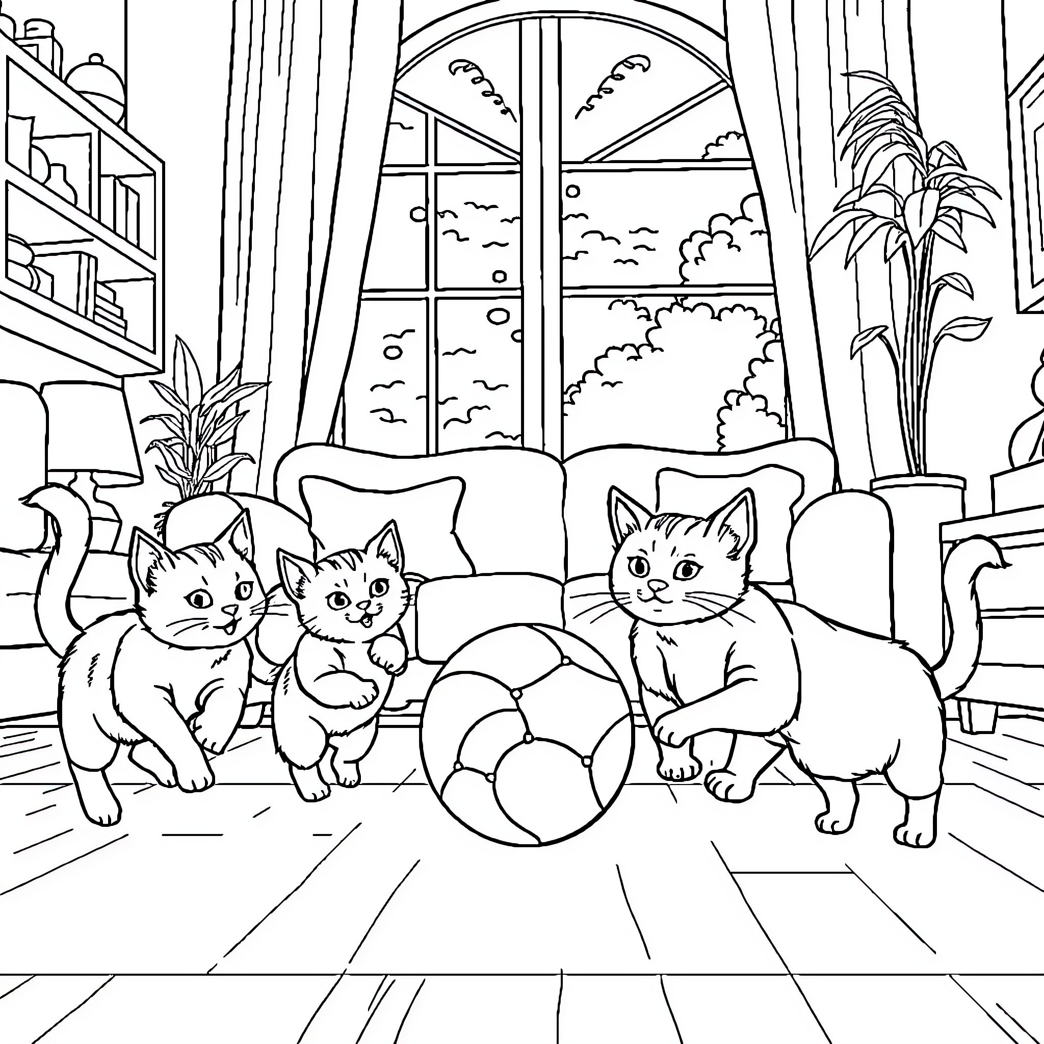 Cats Playing in a Cozy Home Coloring Page (free black-and-white line drawing printable PDF for all, from beginners to advanced learners, including children, teens, adults, and seniors)